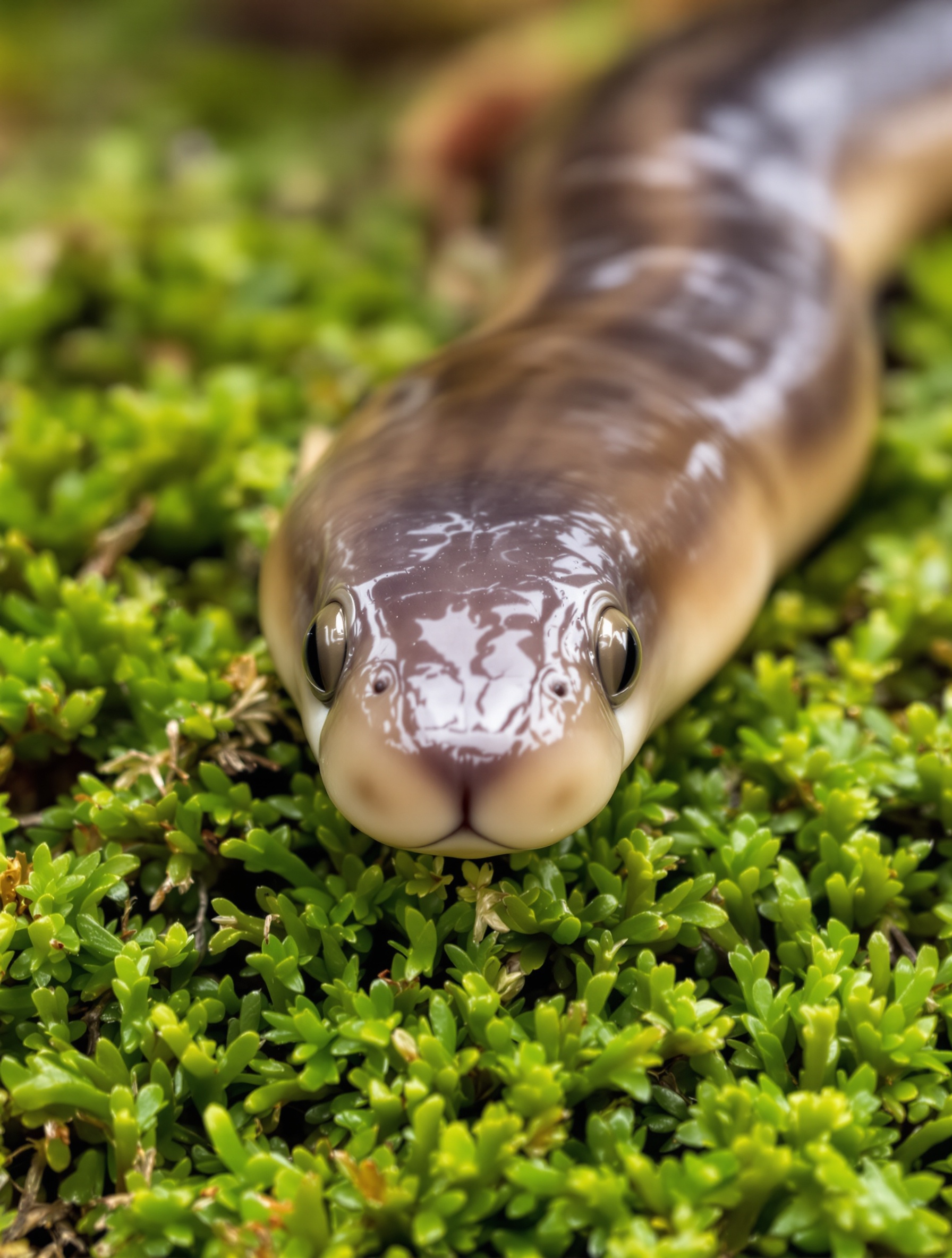 Orvet (Anguis fragilis) montrant ses paupières mobiles et un tympan visible, posé sur de la mousse.