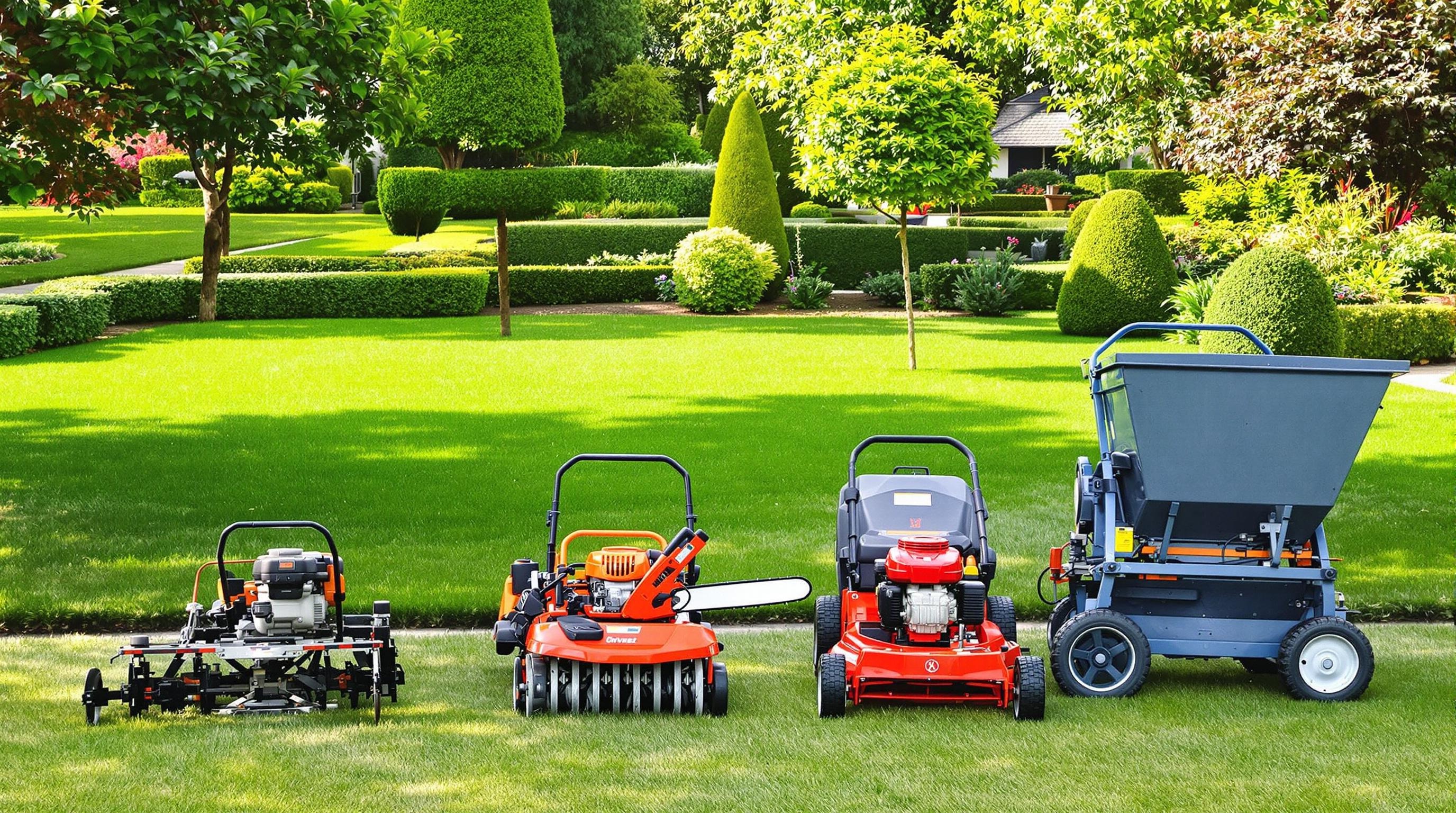 Outils de jardinage alignés devant un jardin bien entretenu