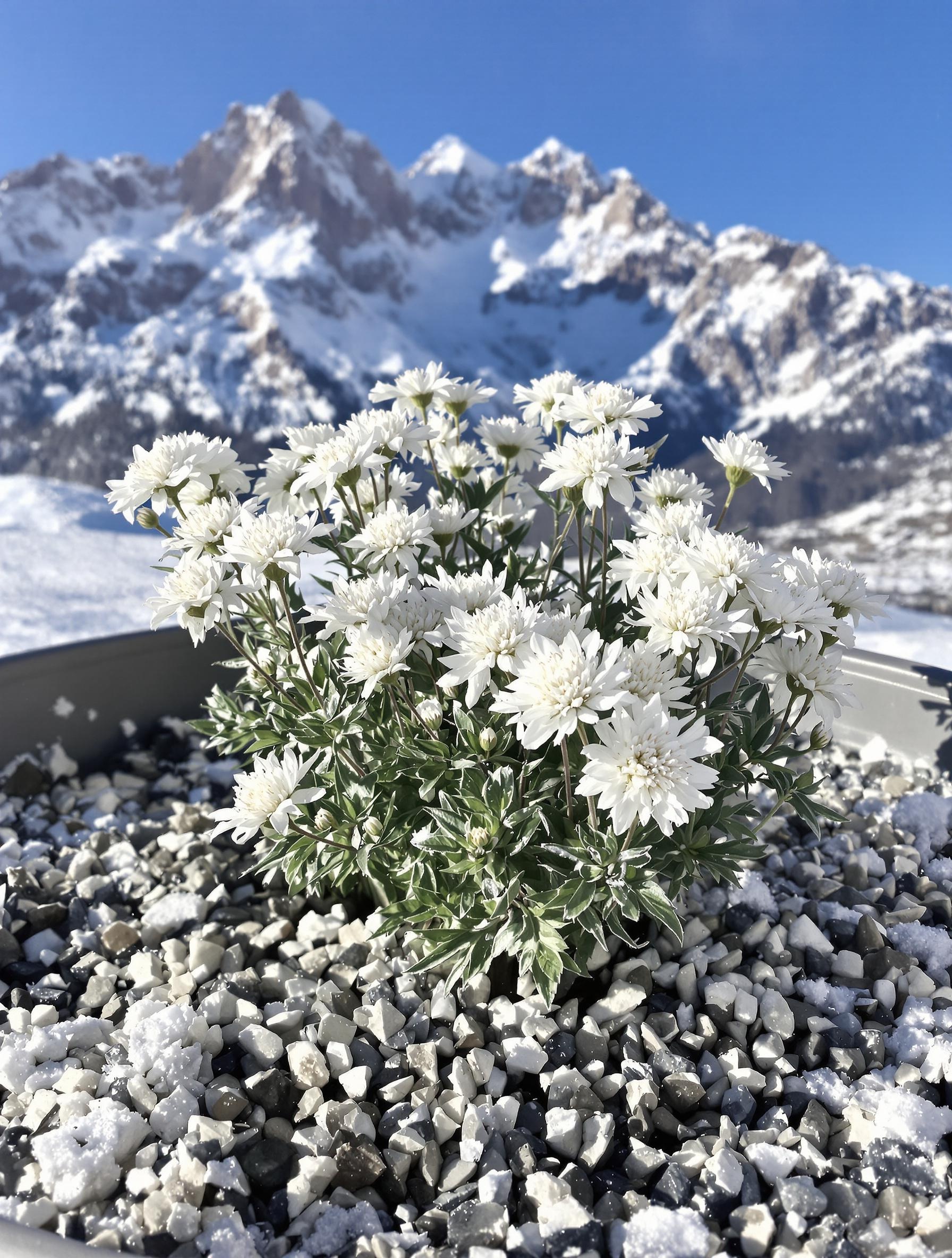 Paillage minéral Edelweiss poté devant Mont Blanc sous la neige