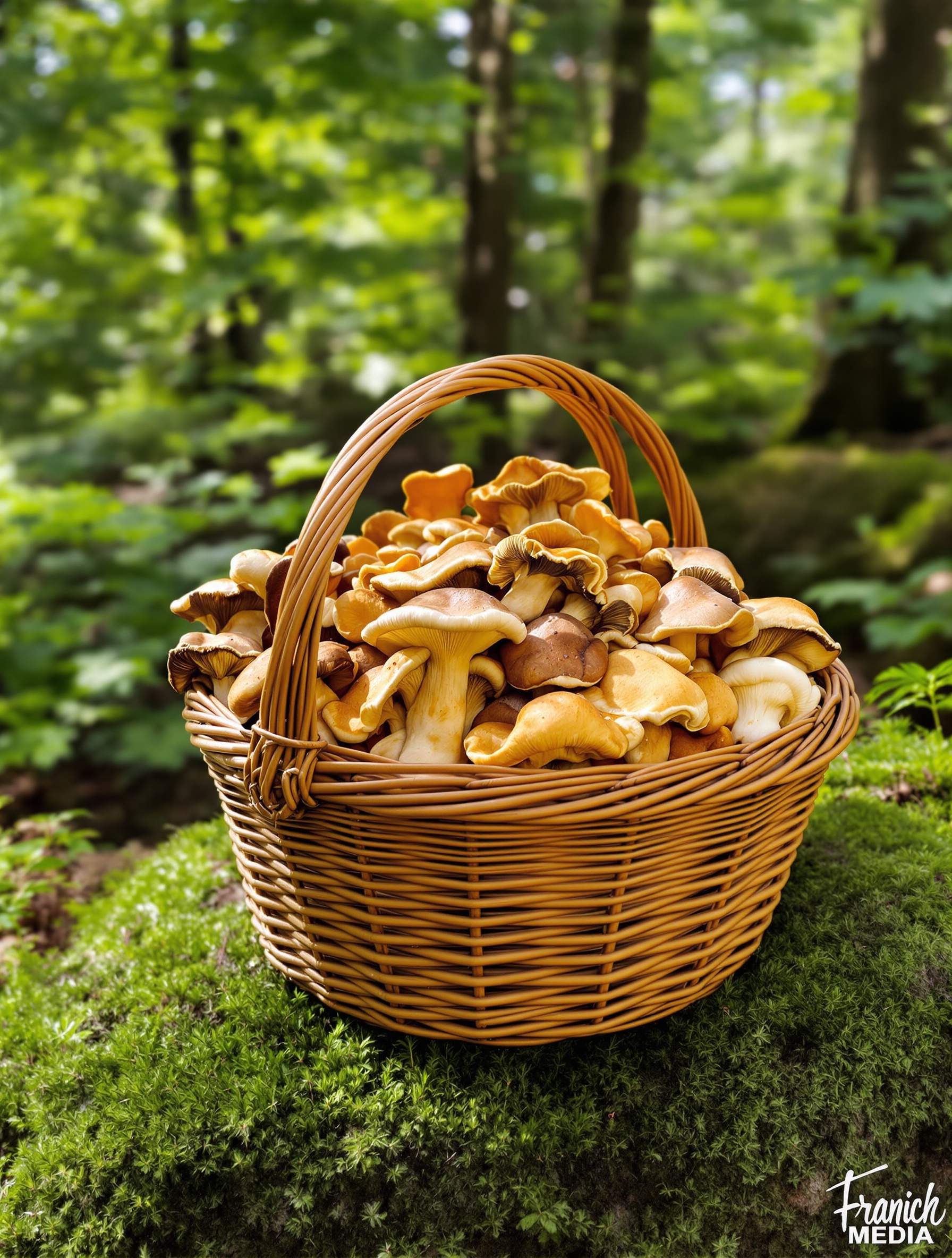 Un panier en osier débordant de champignons frais et variés (cèpes, girolles), emblème d'une cueillette fructueuse et respectueuse des sous-bois.