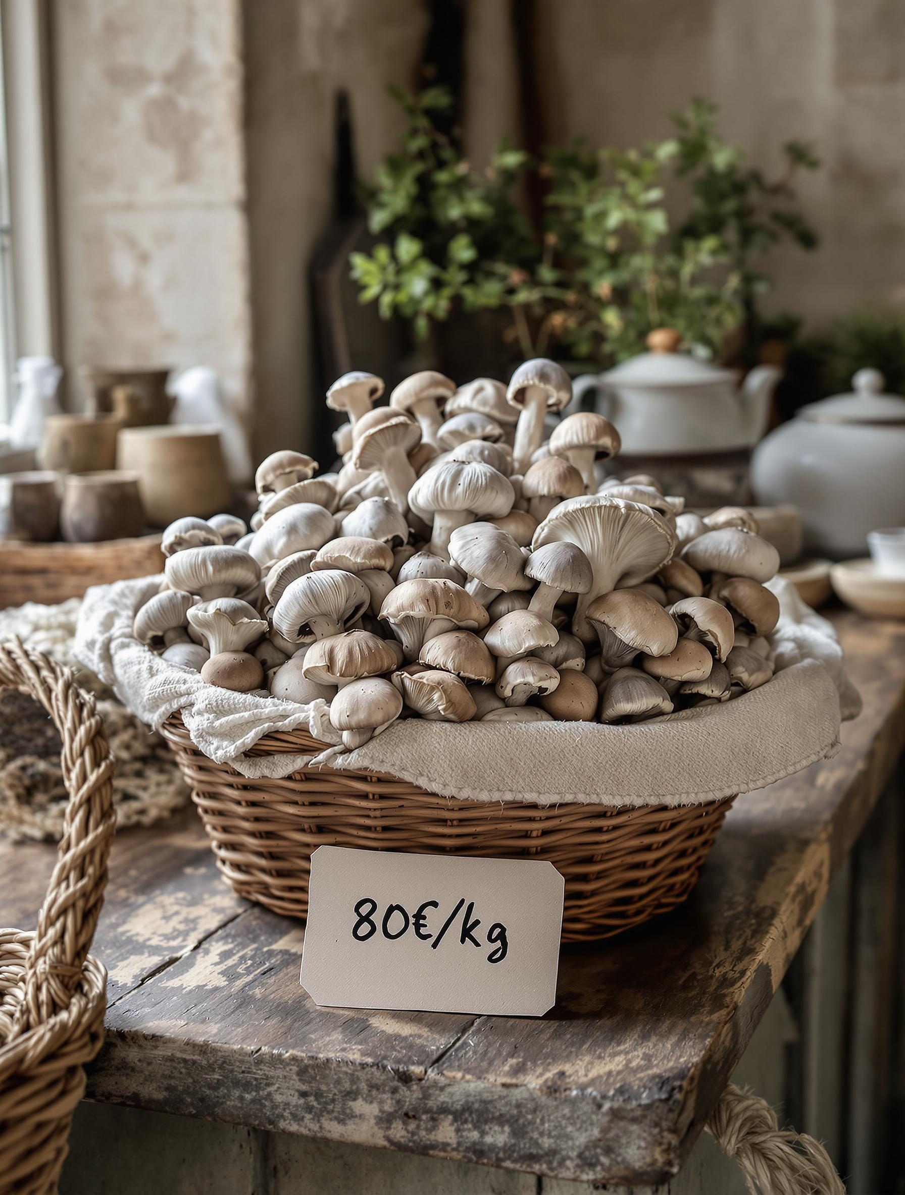 Panier d'Hygrophores de mars frais, prix élevé sur le marché local