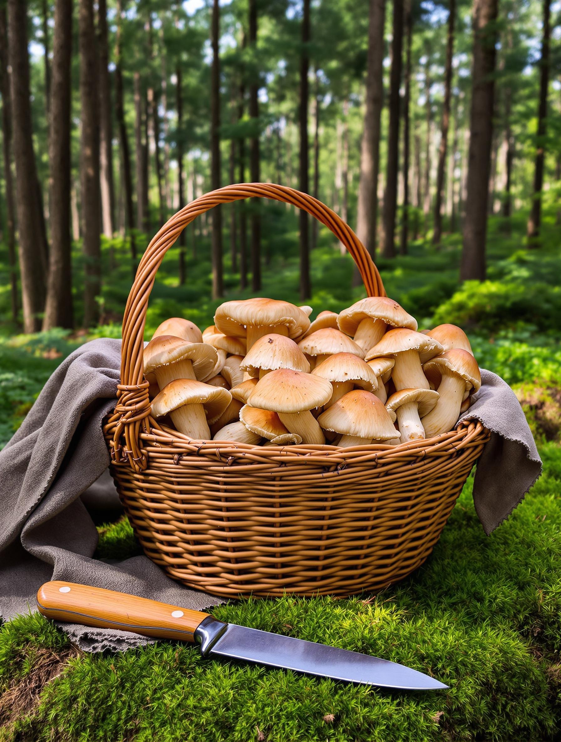Panier en osier avec des bolets granulés, idéal pour le transport.