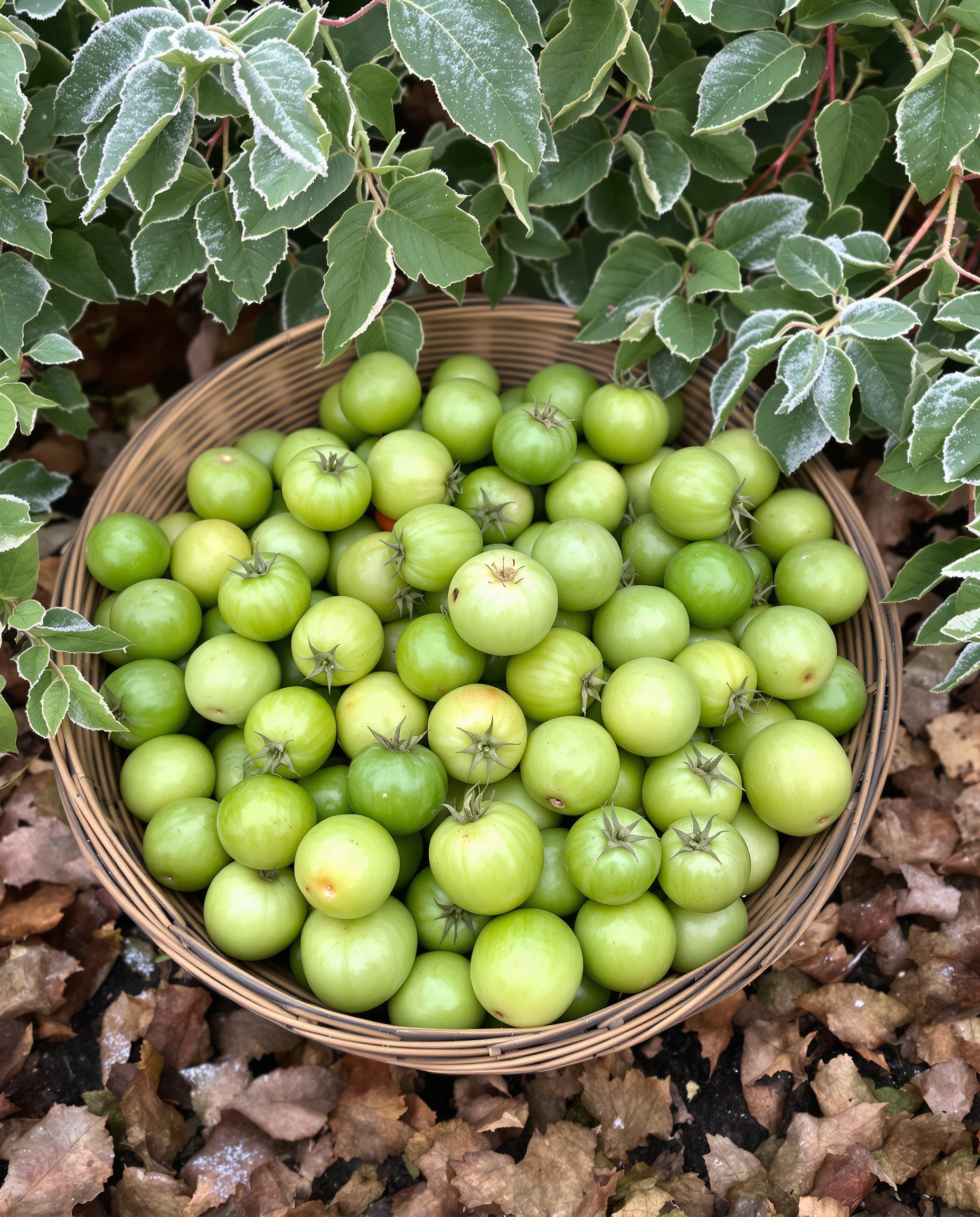 Panier de tomates vertes ramassées à la hâte, ambiance automnale et gelée