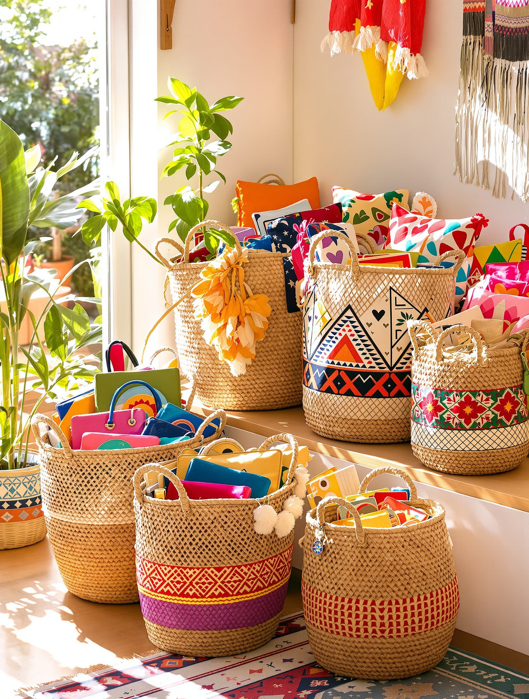 Paniers en osier et rotin remplis de sacs à main colorés sur étagère et au sol.