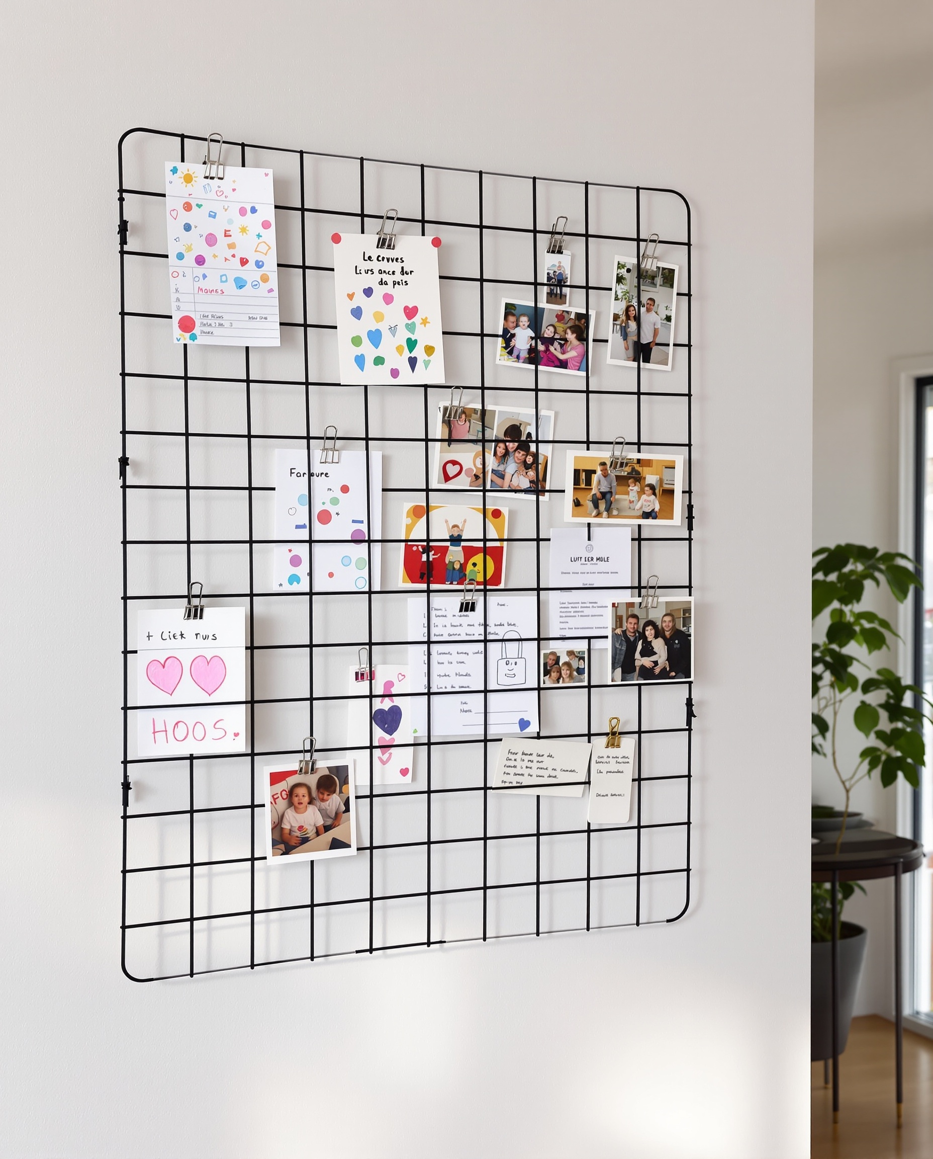 Tableau mémo mural grille métallique DIY avec gommettes et pinces