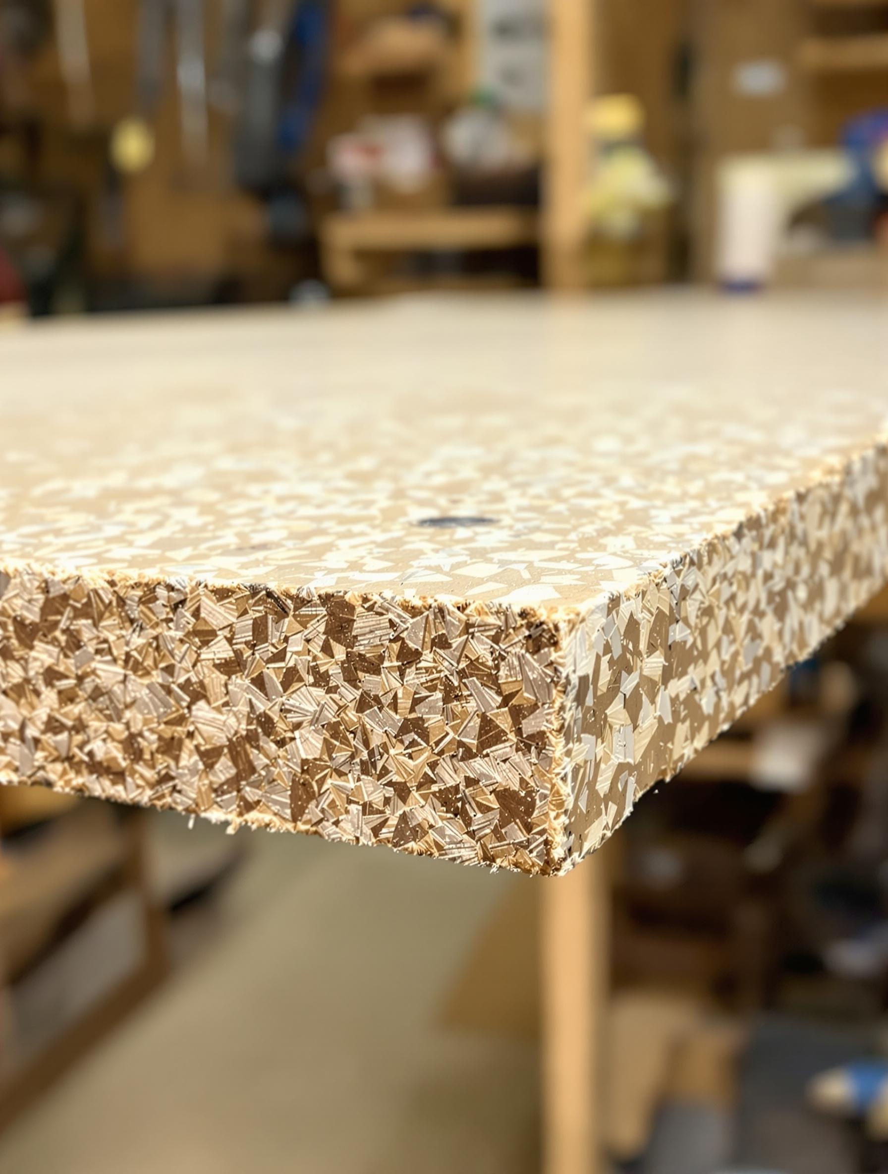 Panneau OSB 22 mm fraîchement poncé avec vis apparentes en atelier : épaisseur nette et texture bois visible.