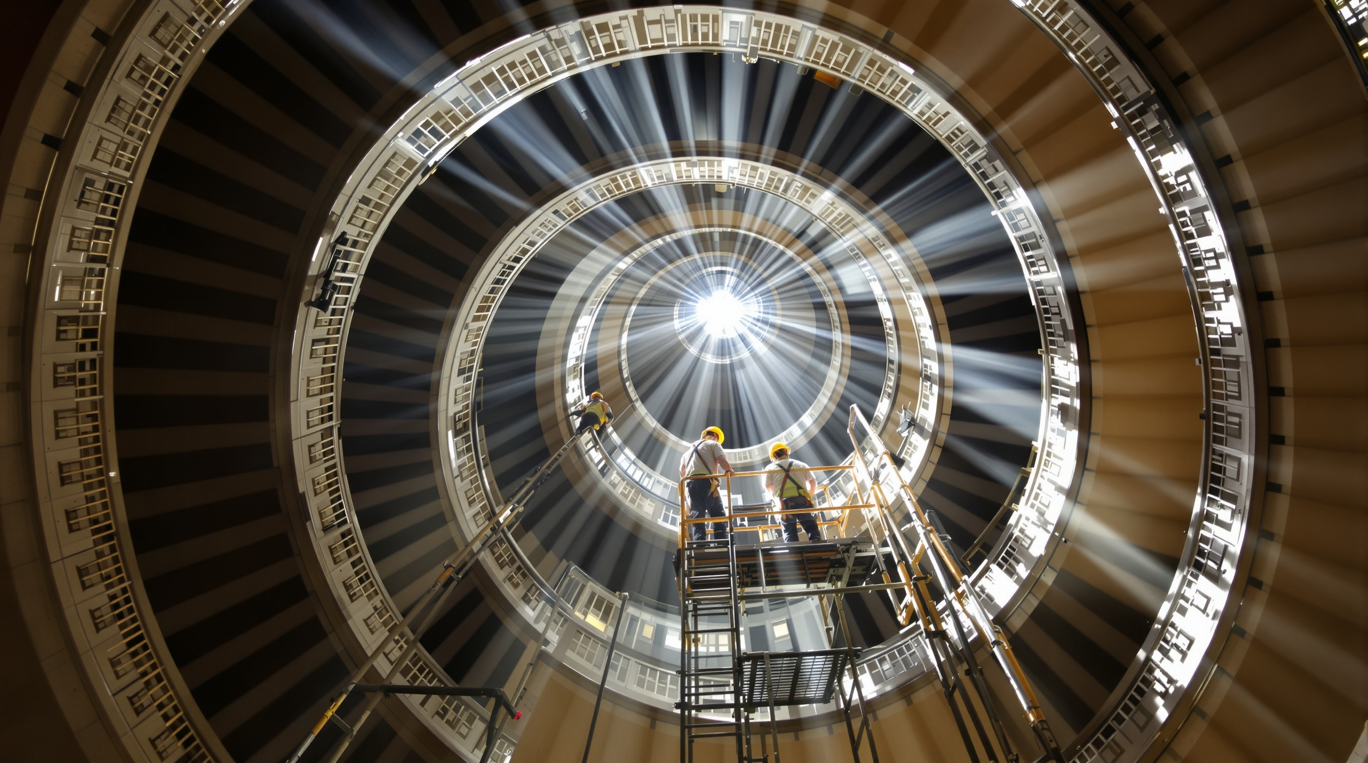 Panoramique spectaculaire dans une cage d'escalier très haute, deux bricoleurs sur échafaudage