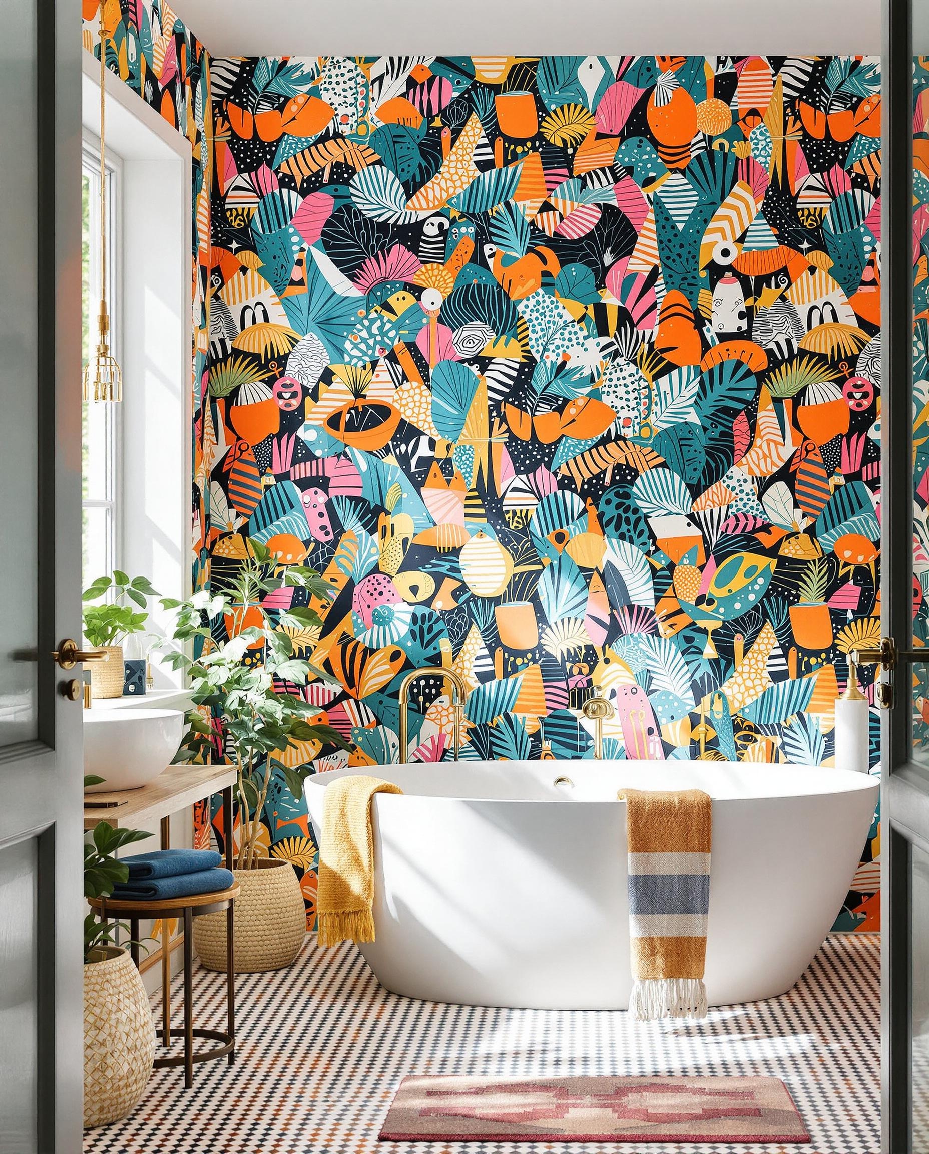 Papier peint vinyle moderne dans une salle de bain au style bohème