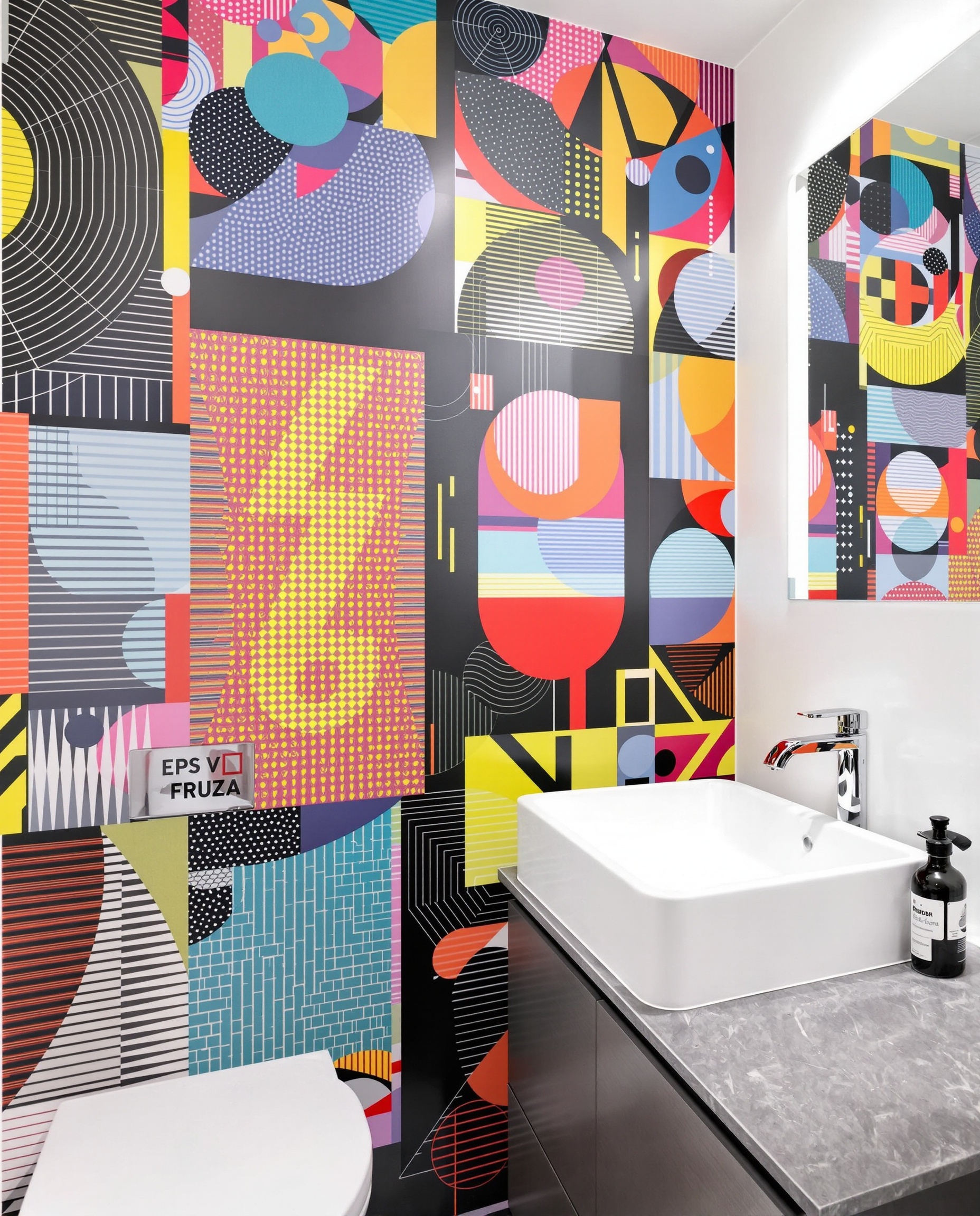 Papier peint vinyle graphique posé sur carrelage dans une salle de bain