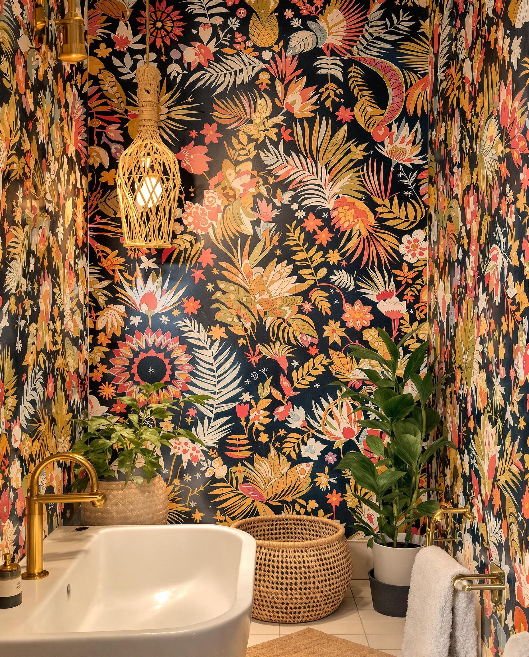 Papier peint imperméable dans une salle de bain au style bohème