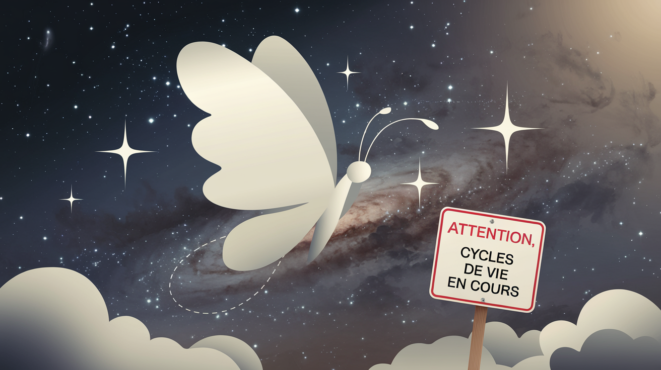 Papillon blanc stylisé s'envolant devant un ciel étoilé, ambiance finale rassurante et sarcastique.