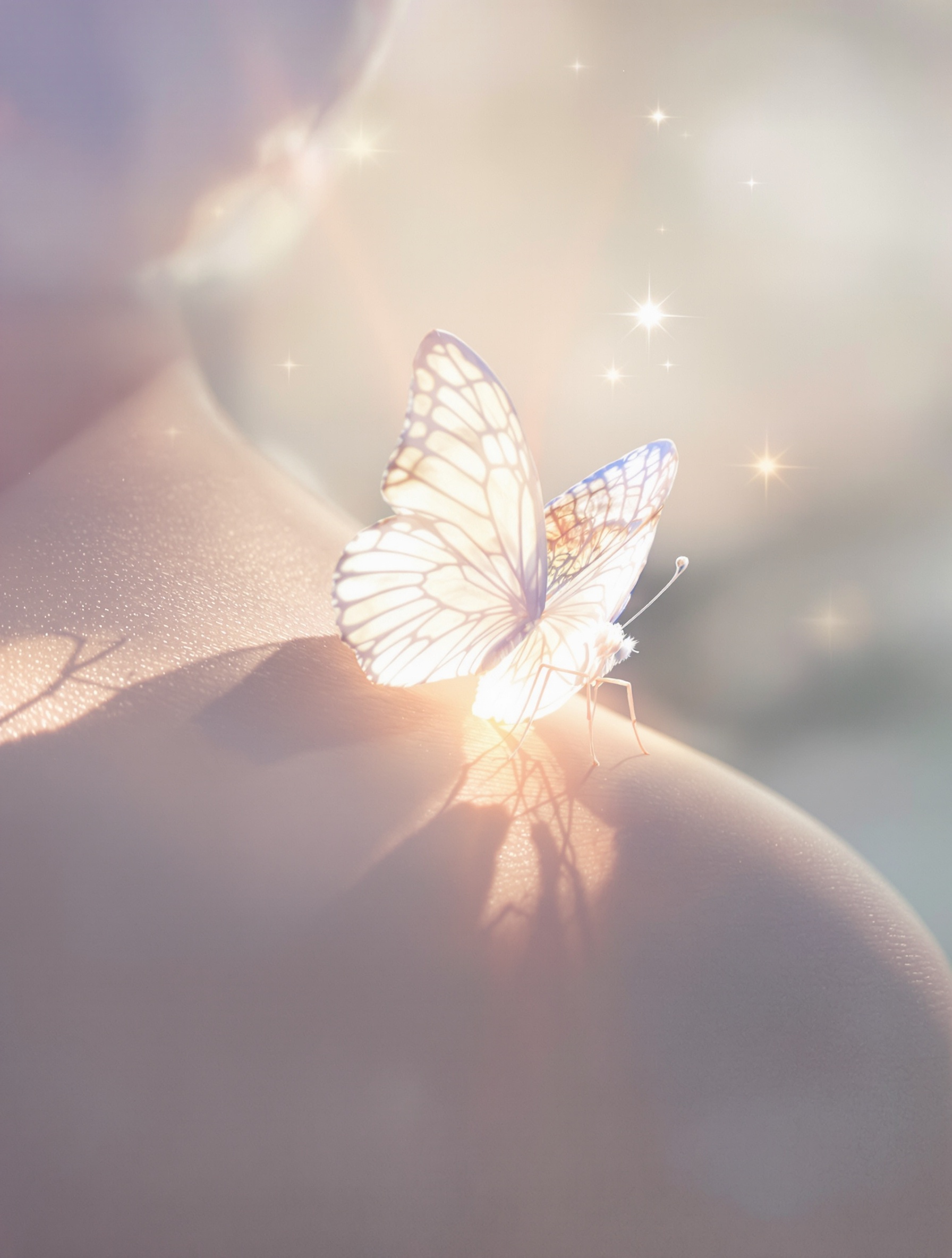 Papillon blanc posé sur une épaule, ambiance surréaliste et symbolique.