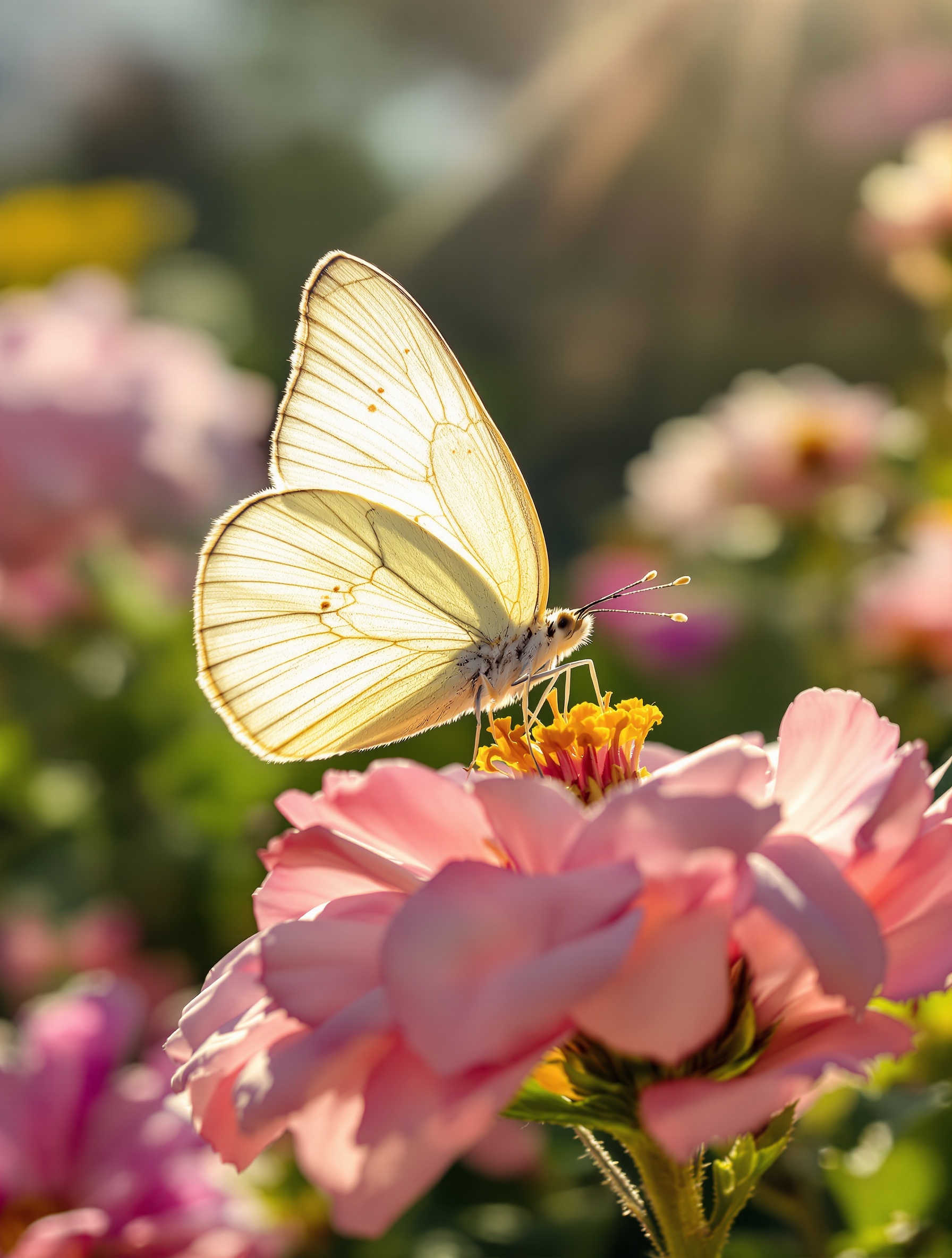 Un papillon blanc délicatement posé sur une fleur épanouie sous un rayon de soleil, symbolisant la beauté, la légèreté et le renouveau.