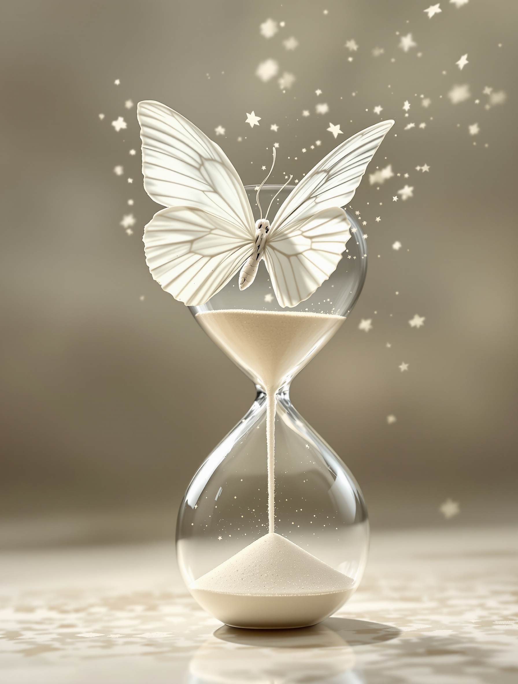 Papillon blanc survolant un sablier : cycles de vie et passage du temps.
