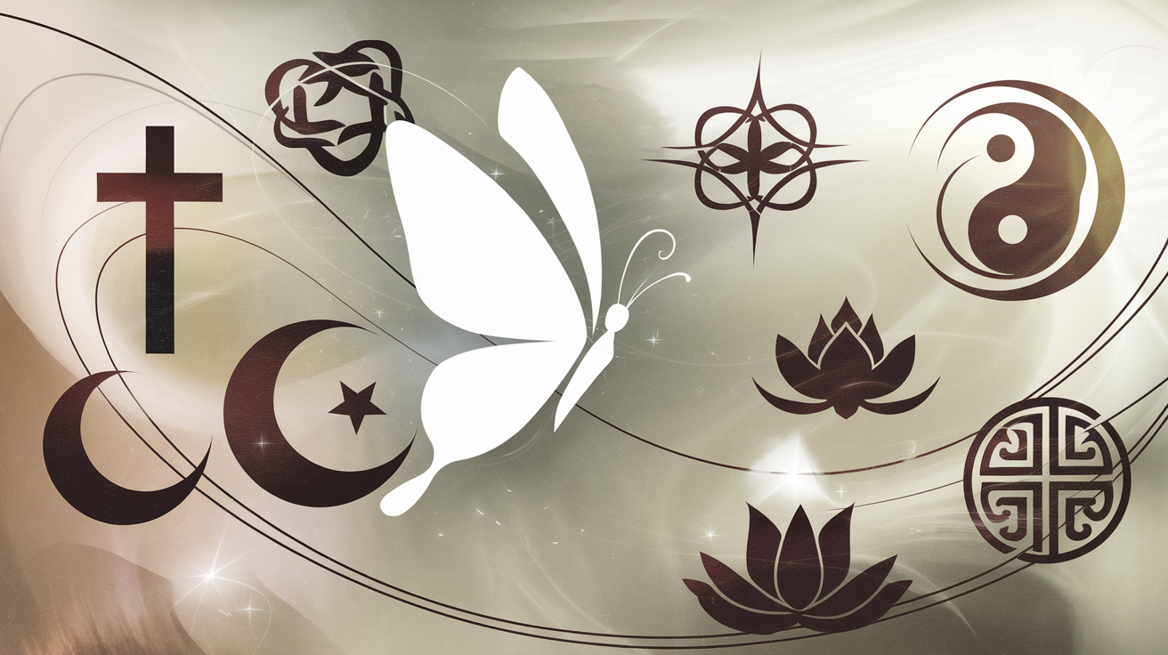 Papillon blanc stylisé flottant entre des symboles religieux (croix chrétienne, croissant islamique, lotus bouddhiste, yin-yang taoïste, glyphes aztèques), ambiance ésotérique, lumière douce et contrastée.