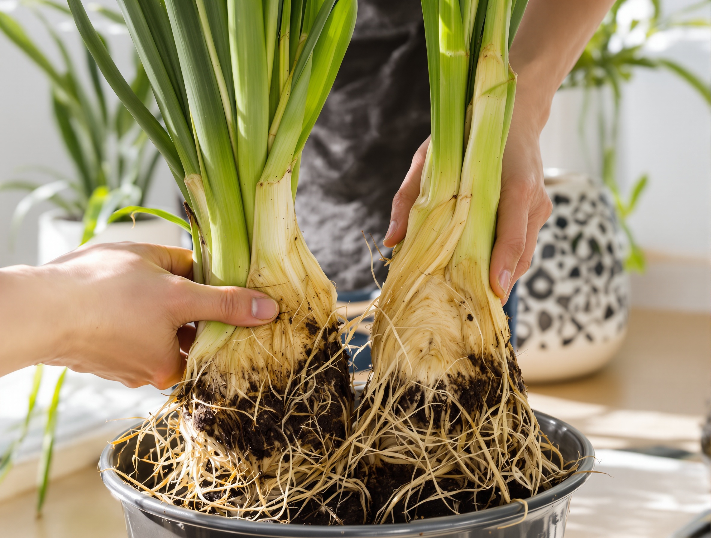 Division rhizomes papyrus rempotage cache-pot moderne