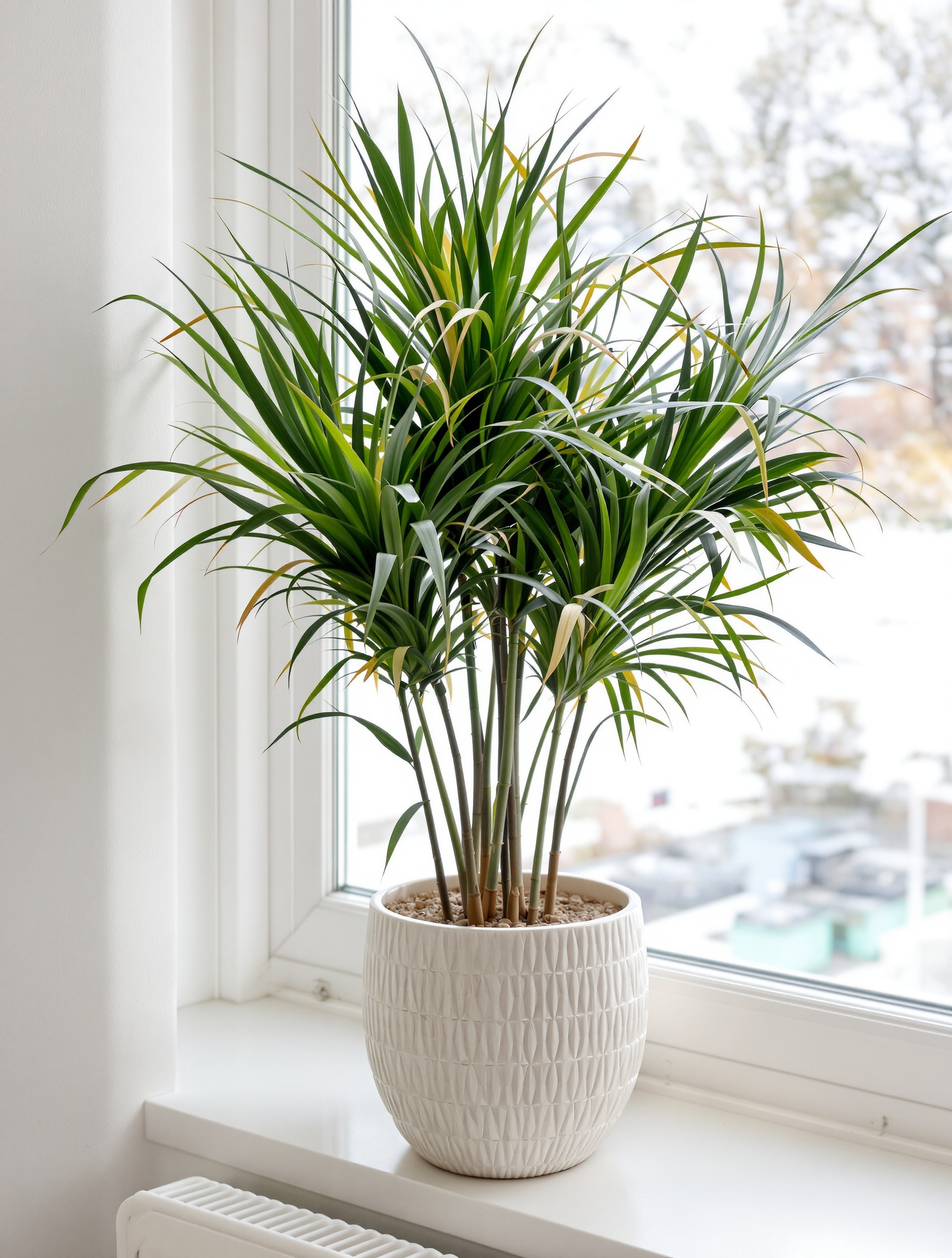 Papyrus intérieur hivernal cache-pot moderne devant fenêtre loin radiateur