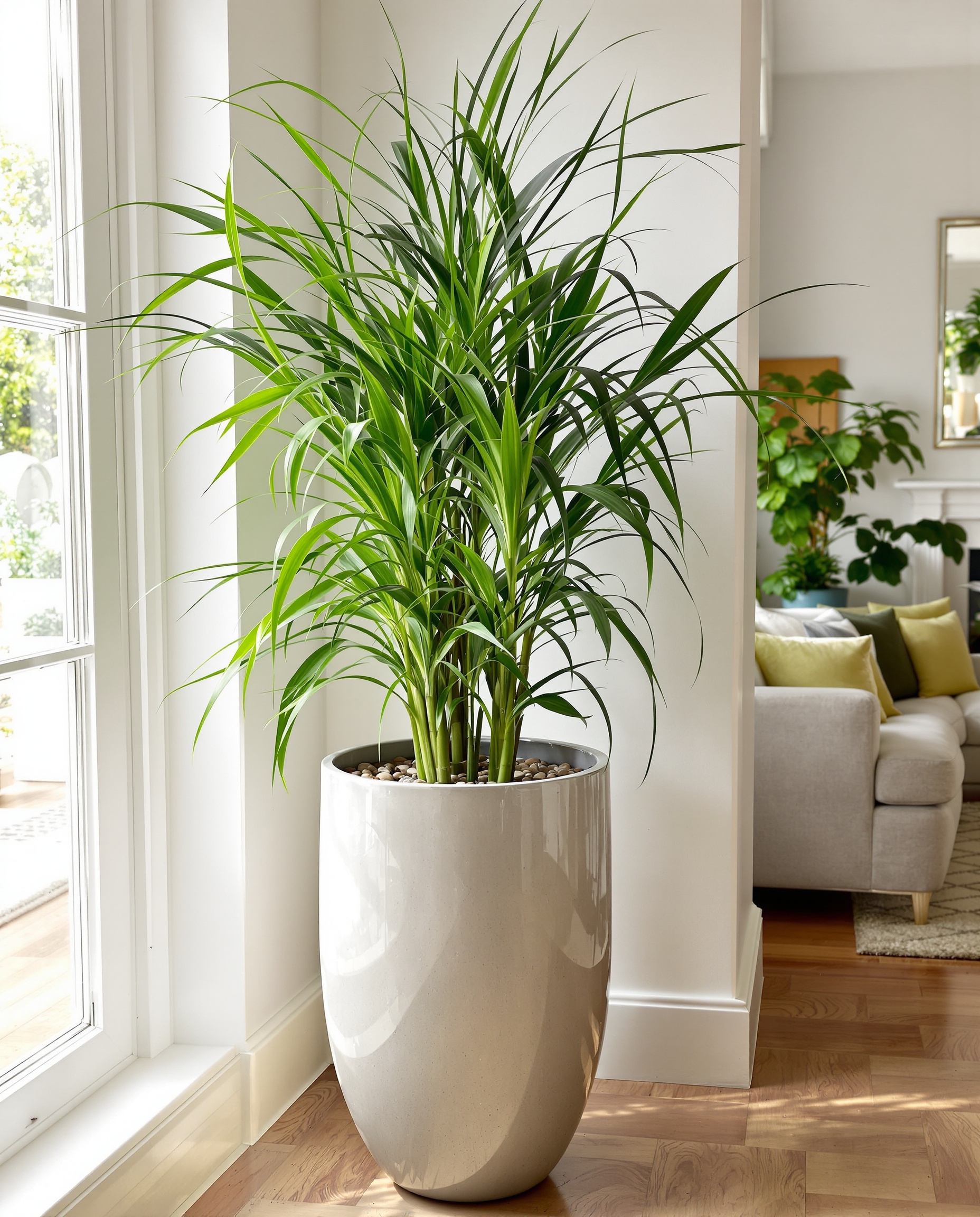 Papyrus fraîchement rempoté dans cache-pot moderne billes d'argile substrat humide lumière fenêtre déco intérieure