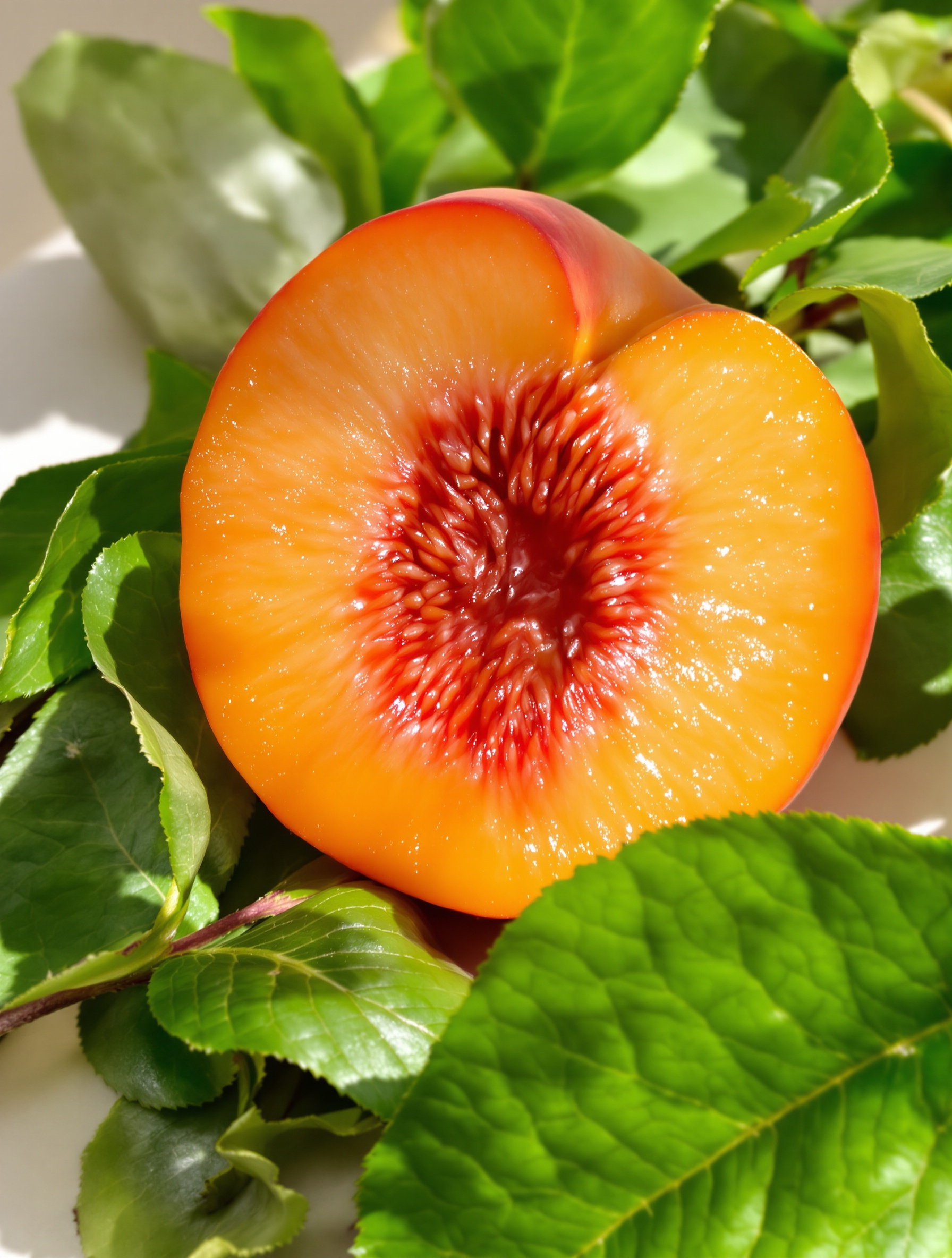 Pêche de vigne coupée en deux montrant sa chair sanguine intense à côté de feuilles fraîches.