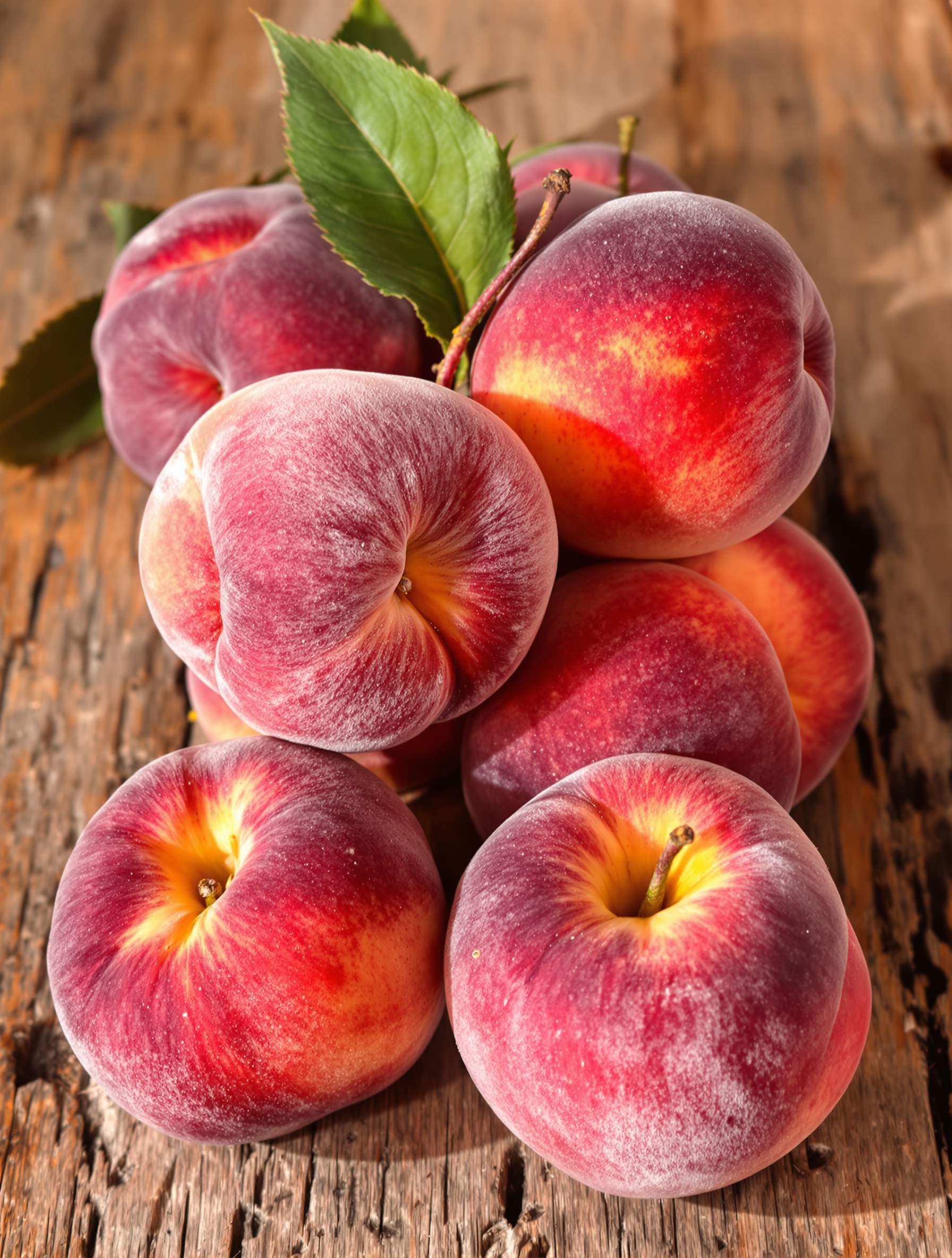 Lot de pêches de vigne mûres avec peau duveteuse et couleur rouge-violacée intense sur surface en bois rustique.