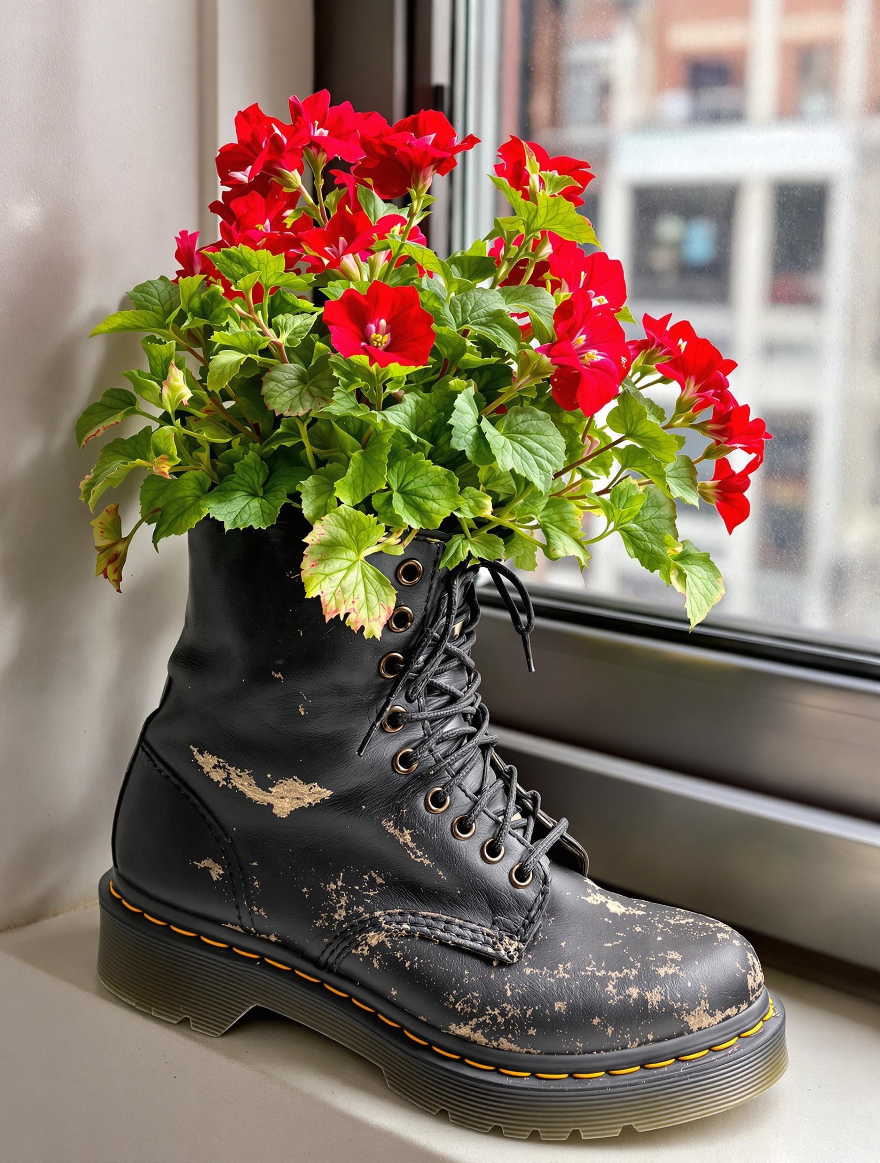 Pelargonium zonale dans Doc Martens percée rebord urbain rock fleurs rouges