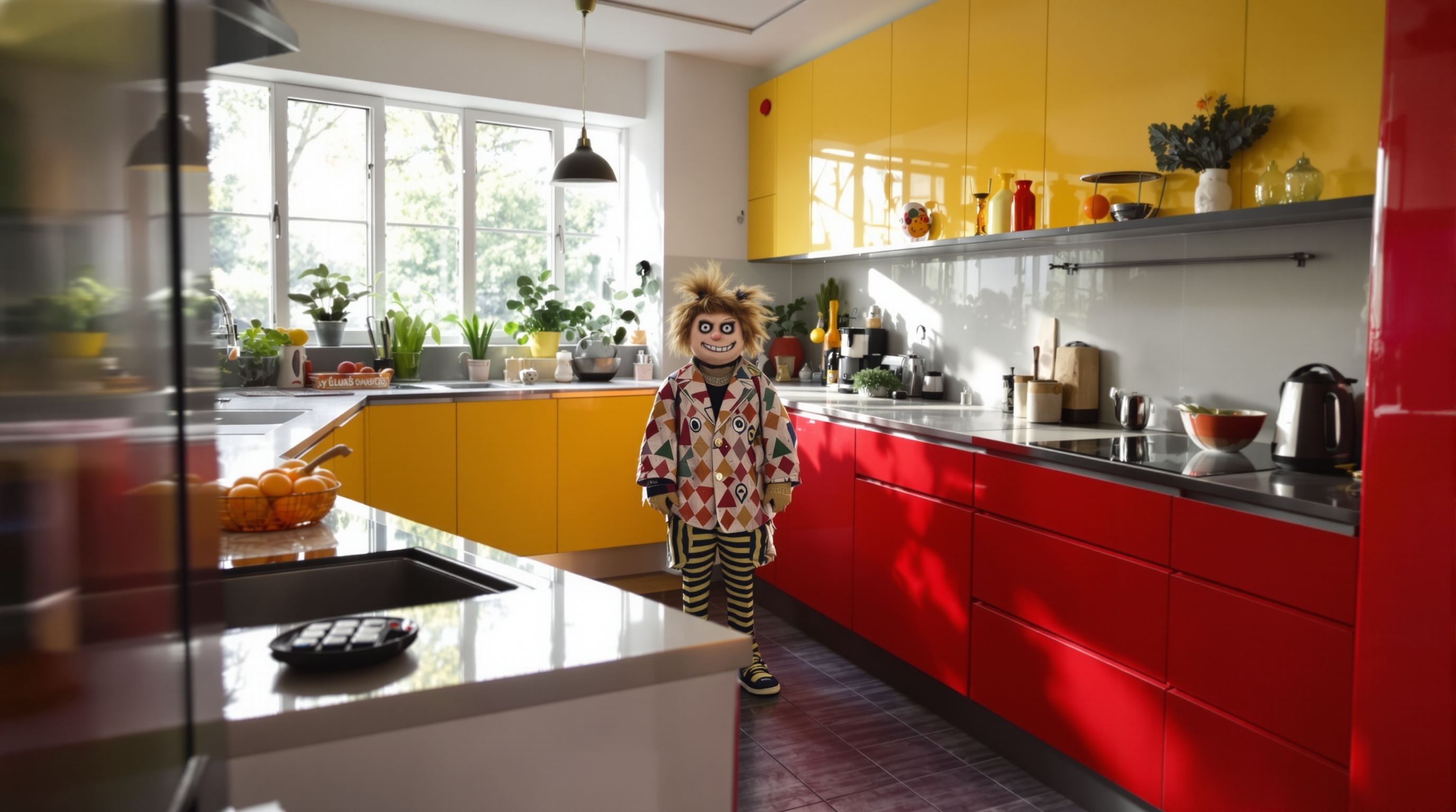 Personnage sarcastique observant une cuisine parallèle bien aménagée avec humour.