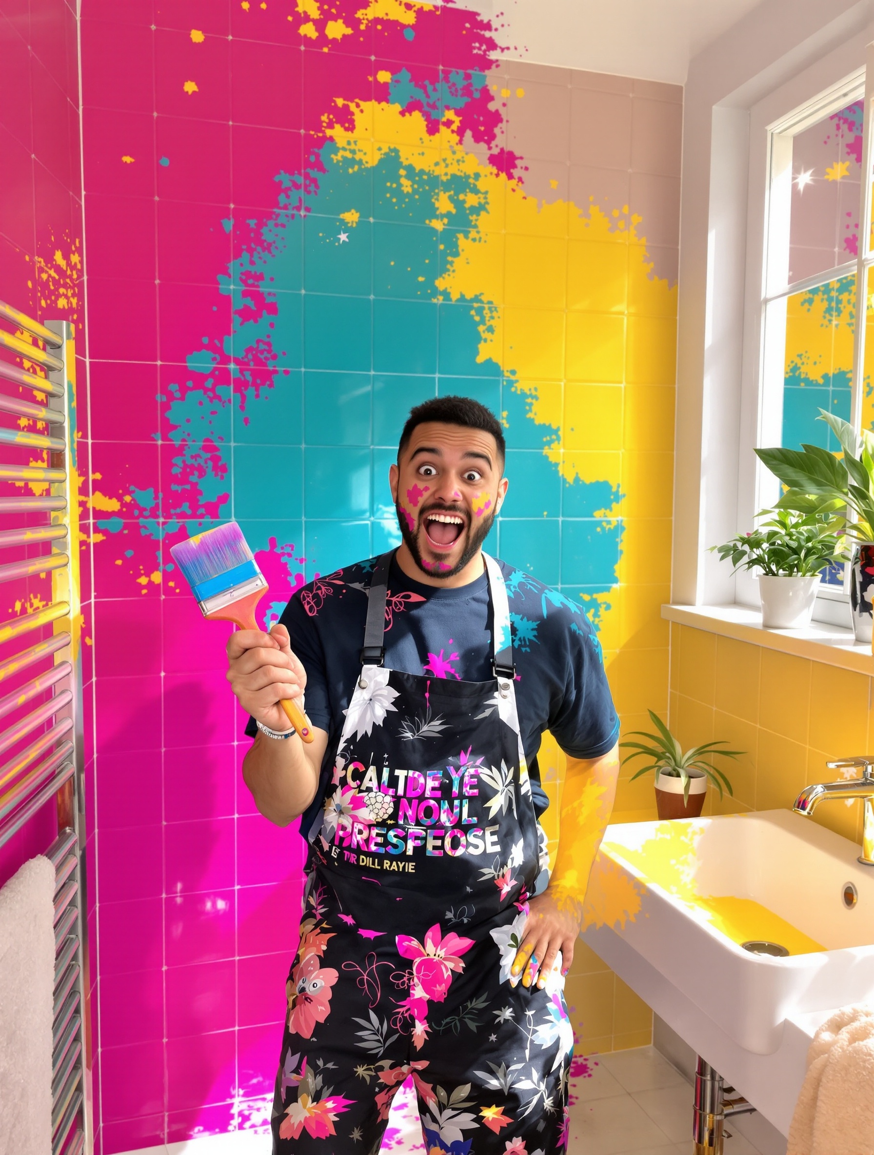 Personne pinceau main carrelage peint salle de bain DIY humour