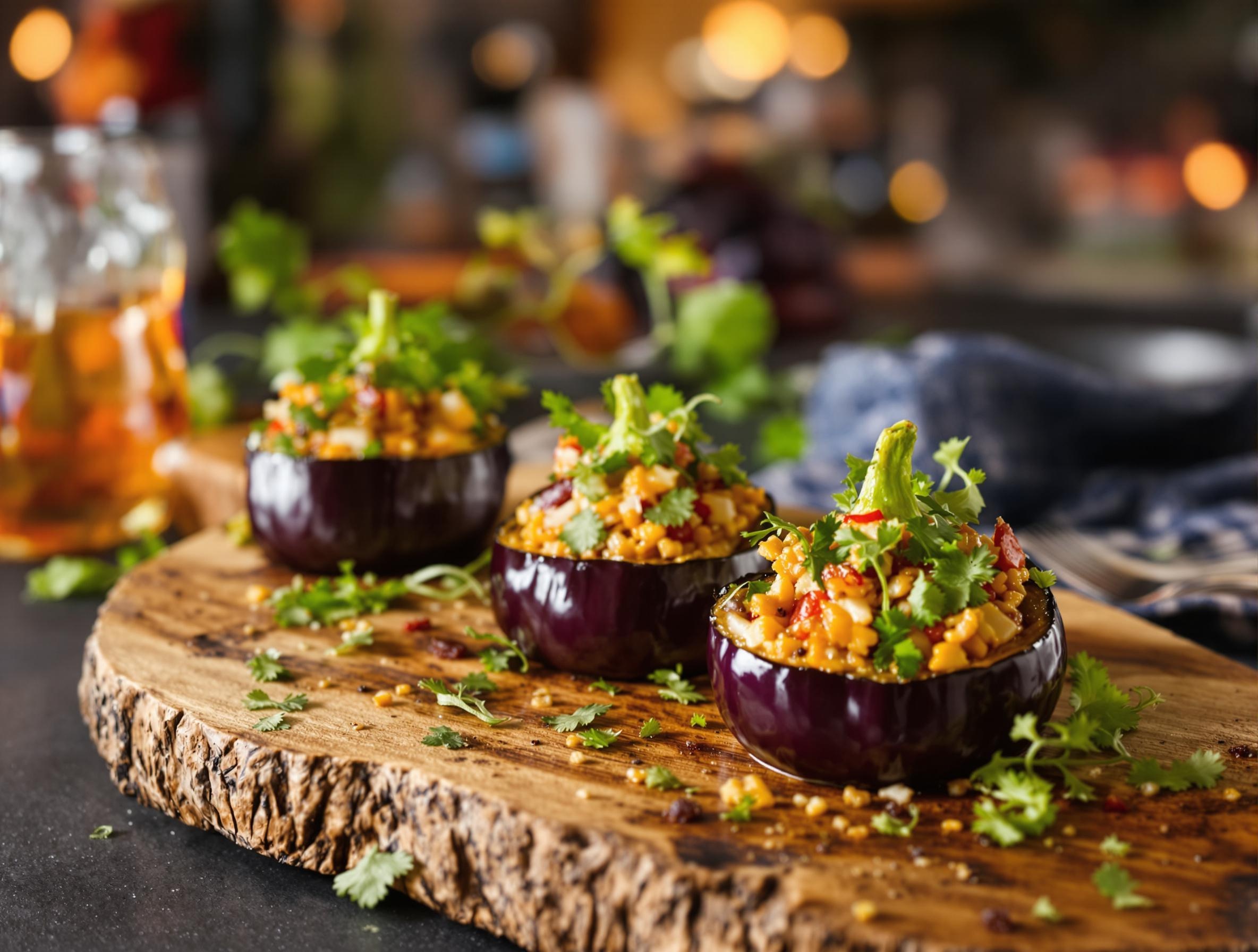 Trois petits plats d’aubergines maison posés sur une planche en bois, style urbain et moderne, ambiance apéro, couleurs vibrantes.