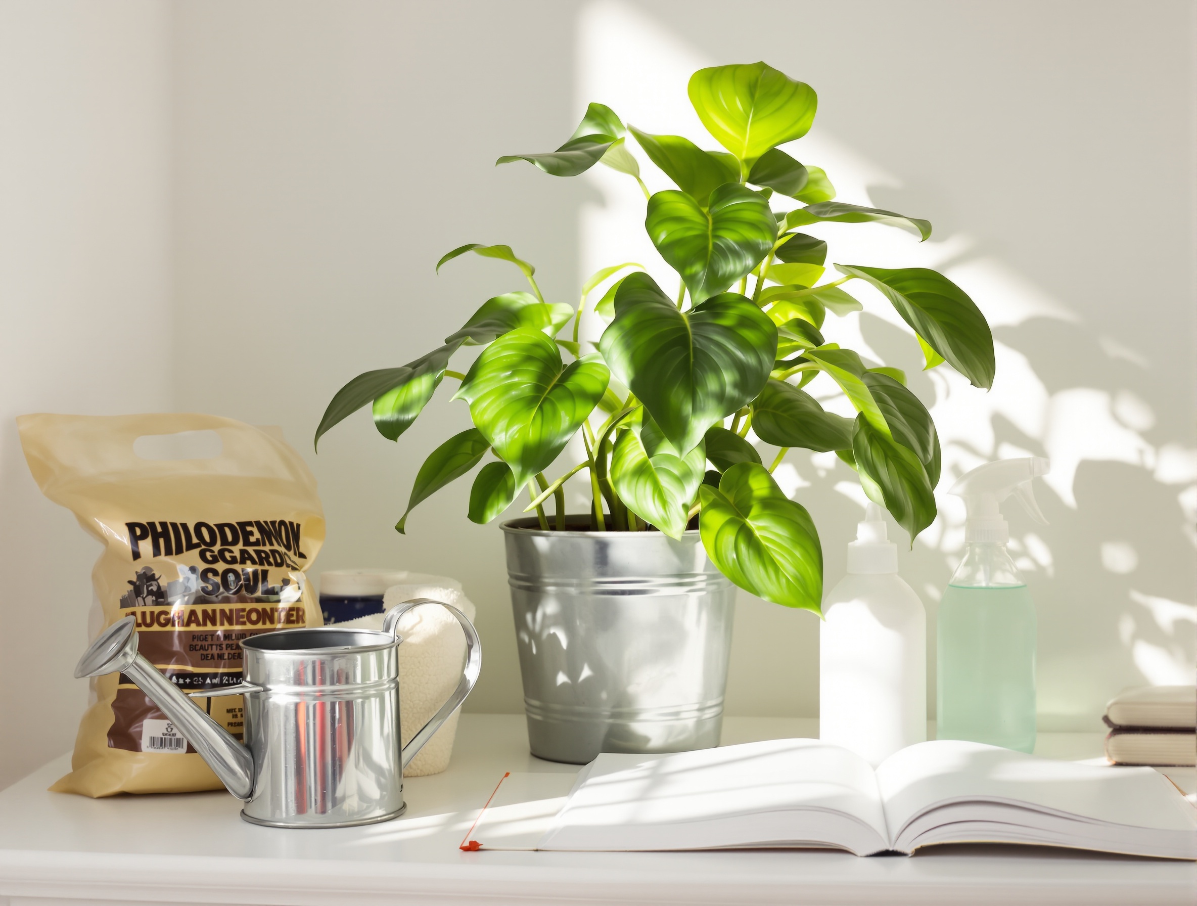 Philodendron scandens débutant urbain sur étagère avec arrosoir et cahier.