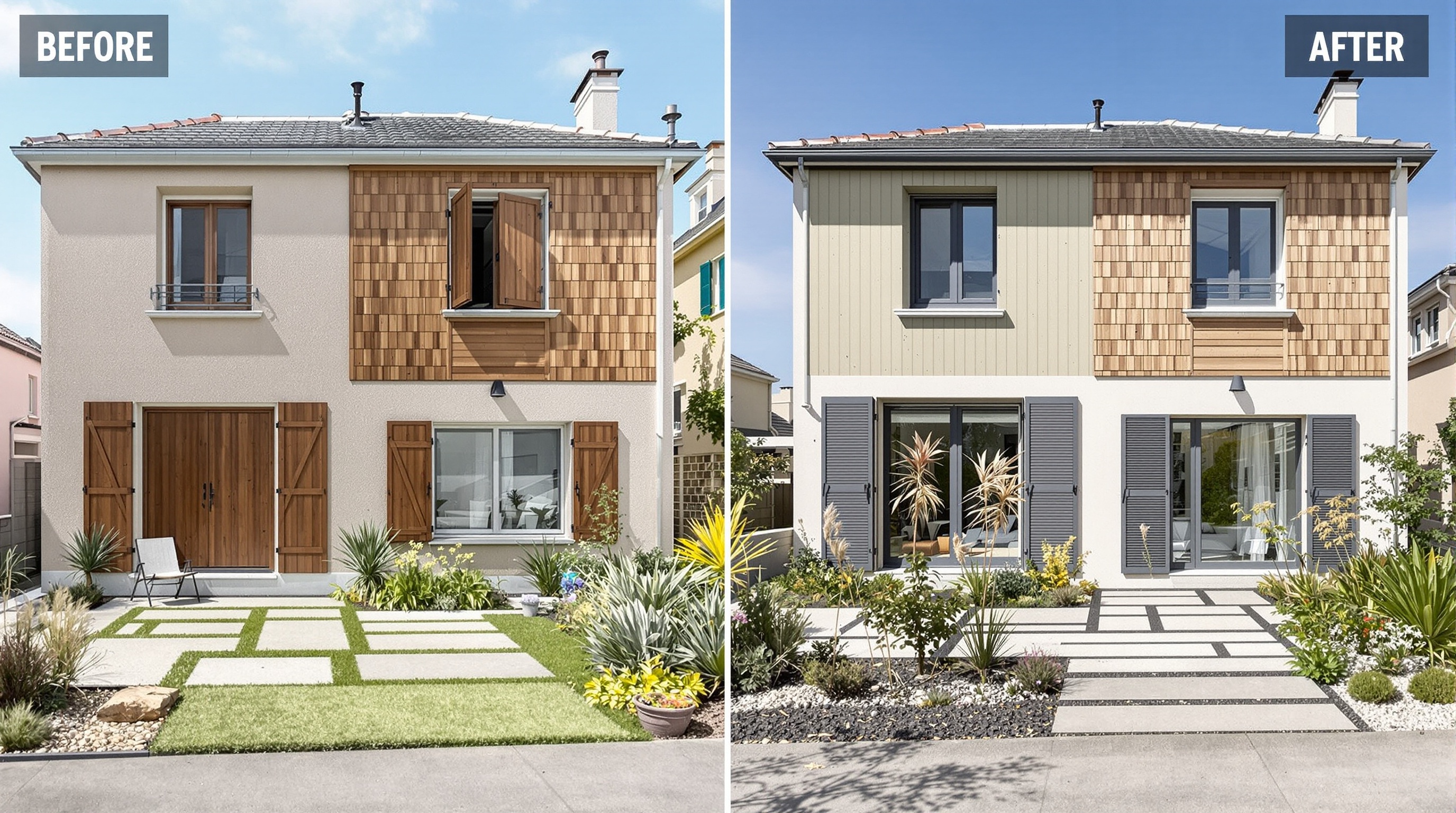 Façade pavillon années 80 avant/après transformation bardage bois menuiseries anthracite