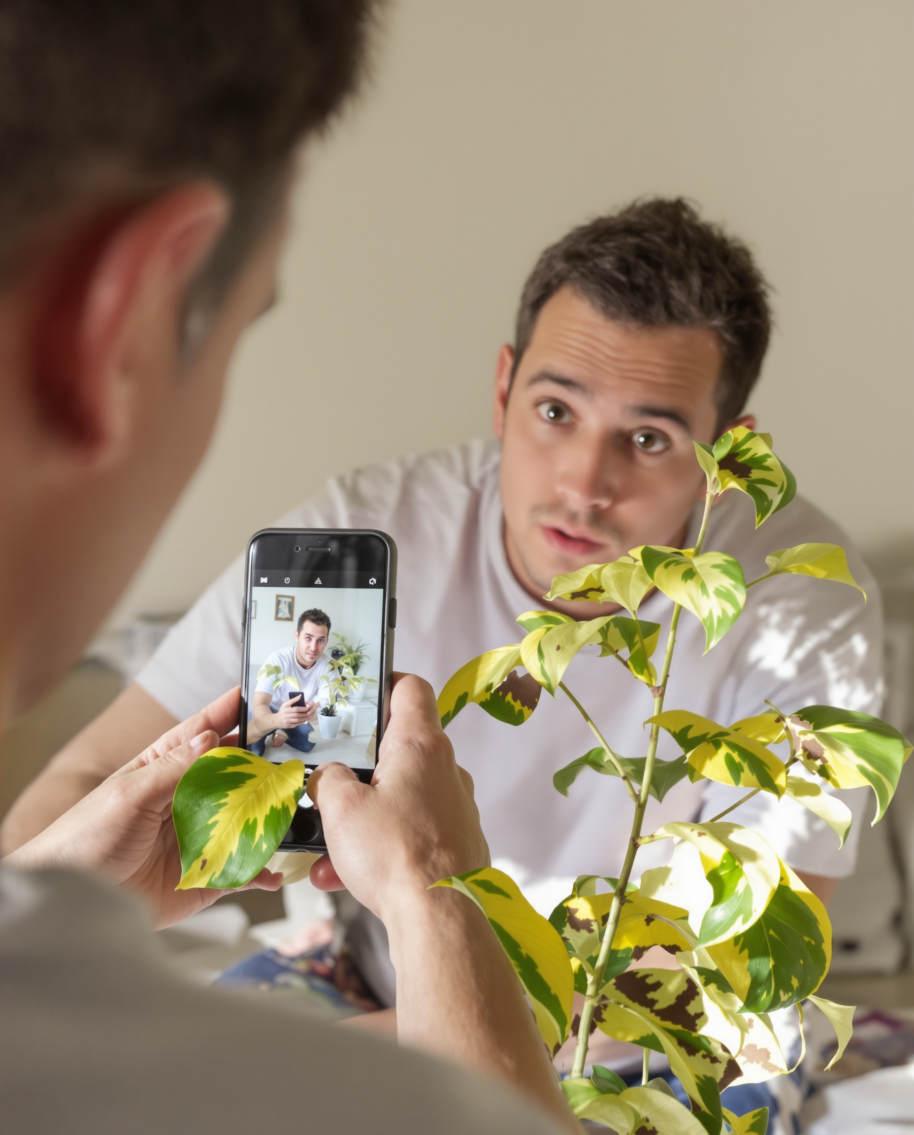 Prendre en photo une plante d'intérieur malade avec smartphone, humour et rigueur