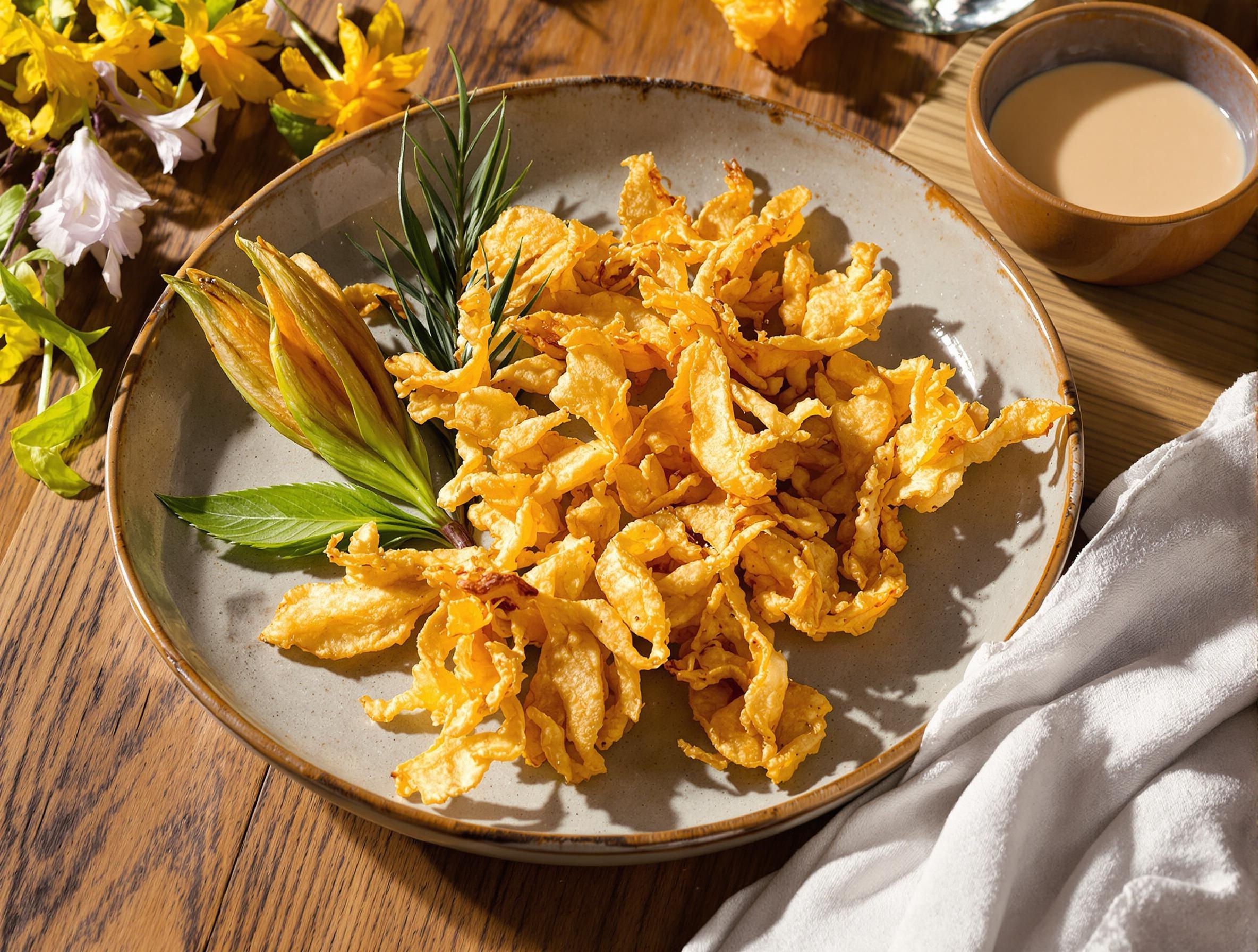 Tempura d’hémérocalle fauve, croustillants et dorés, accompagnés de feuilles vertes pour une présentation appétissante.