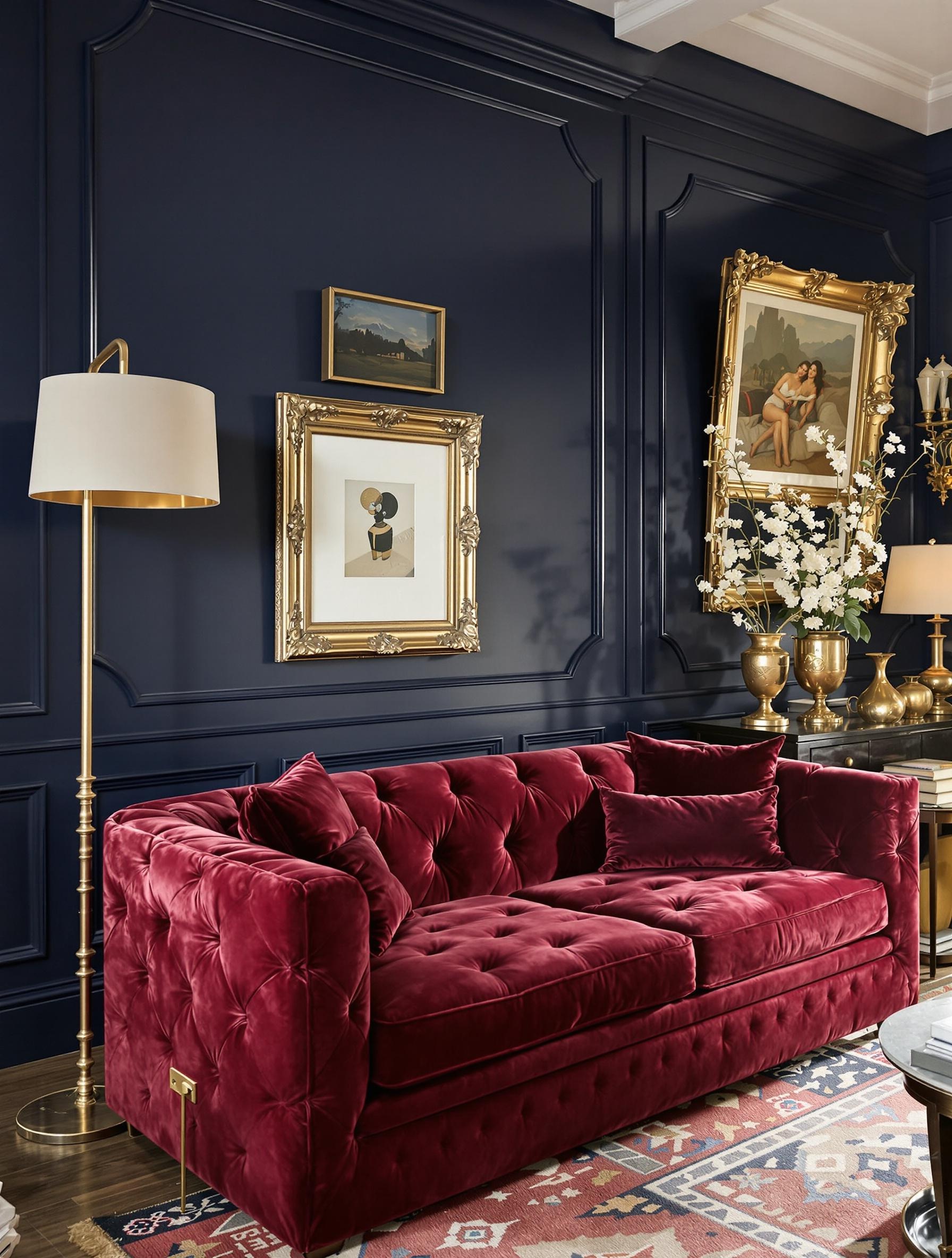 Exemple de décoration avec mur bleu marine et canapé rouge bordeaux