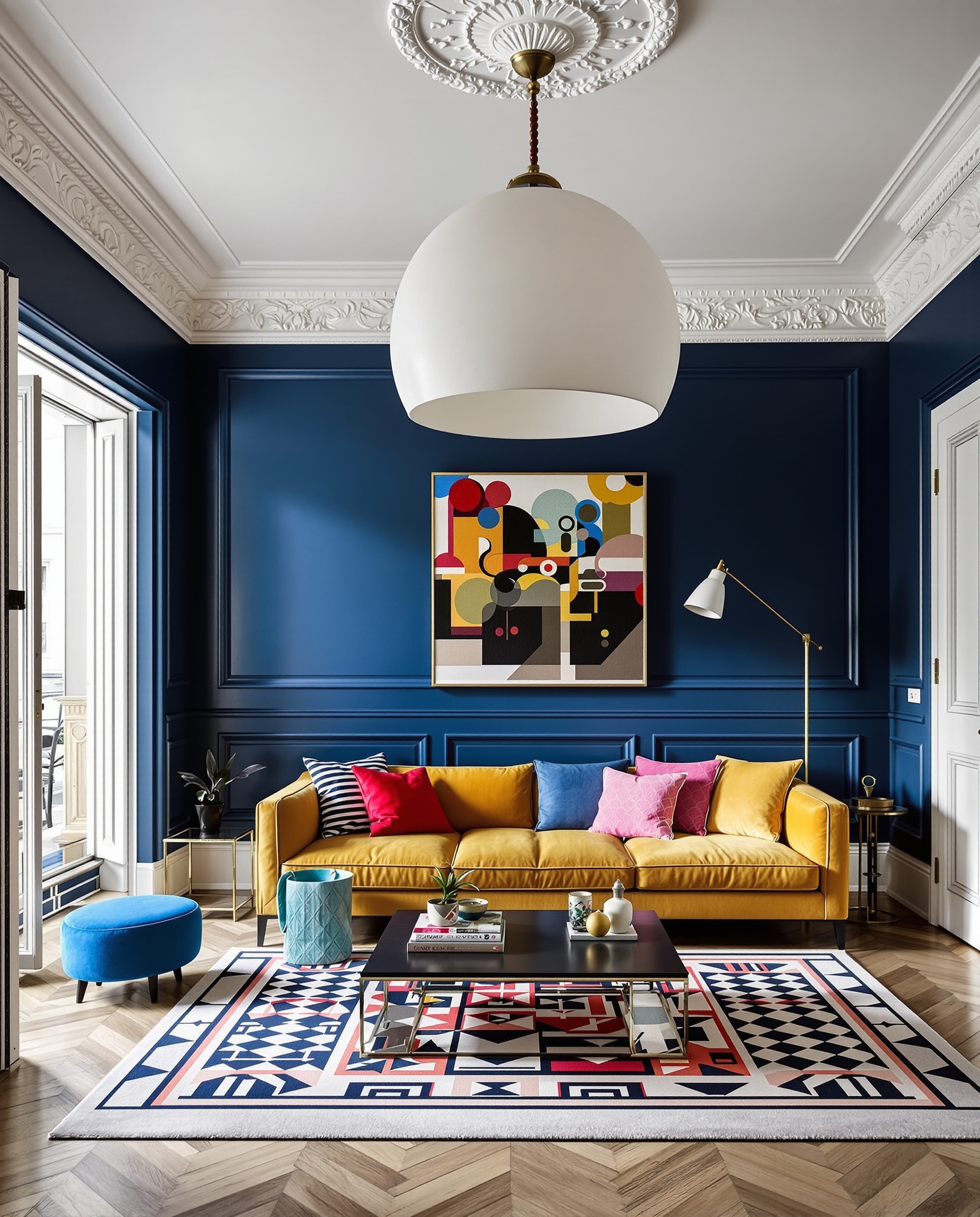Salon haussmannien modernisé avec moulures XIXe siècle suspension XXL et couleurs audacieuses