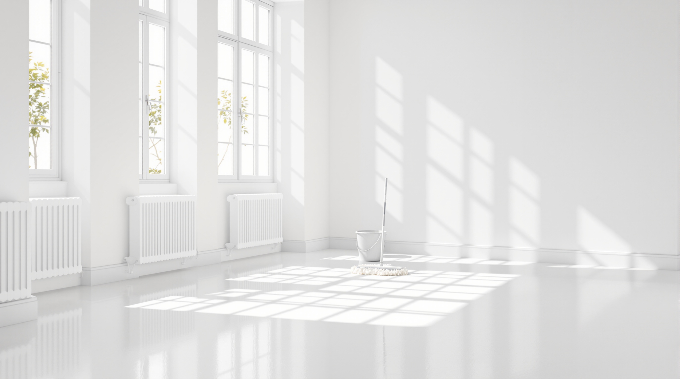 Pièce vide lumineuse fraîchement peinte avec seau et serpillère