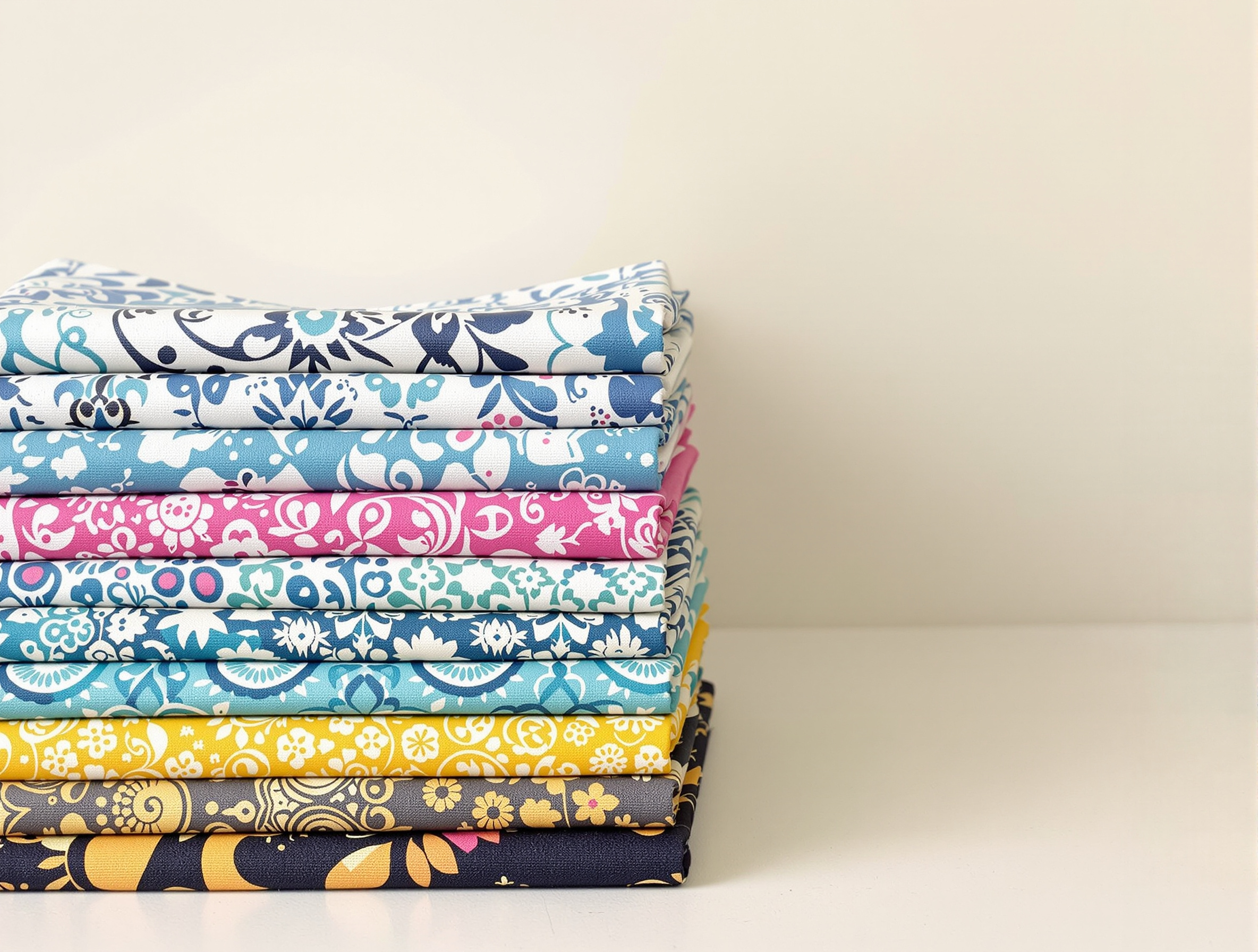 Une pile de 'fat quarters' aux motifs batiks colorés et harmonieux, parfaitement pliés, prêts à être découpés pour un projet de patchwork. L'image évoque l'ordre, la créativité et la qualité.
