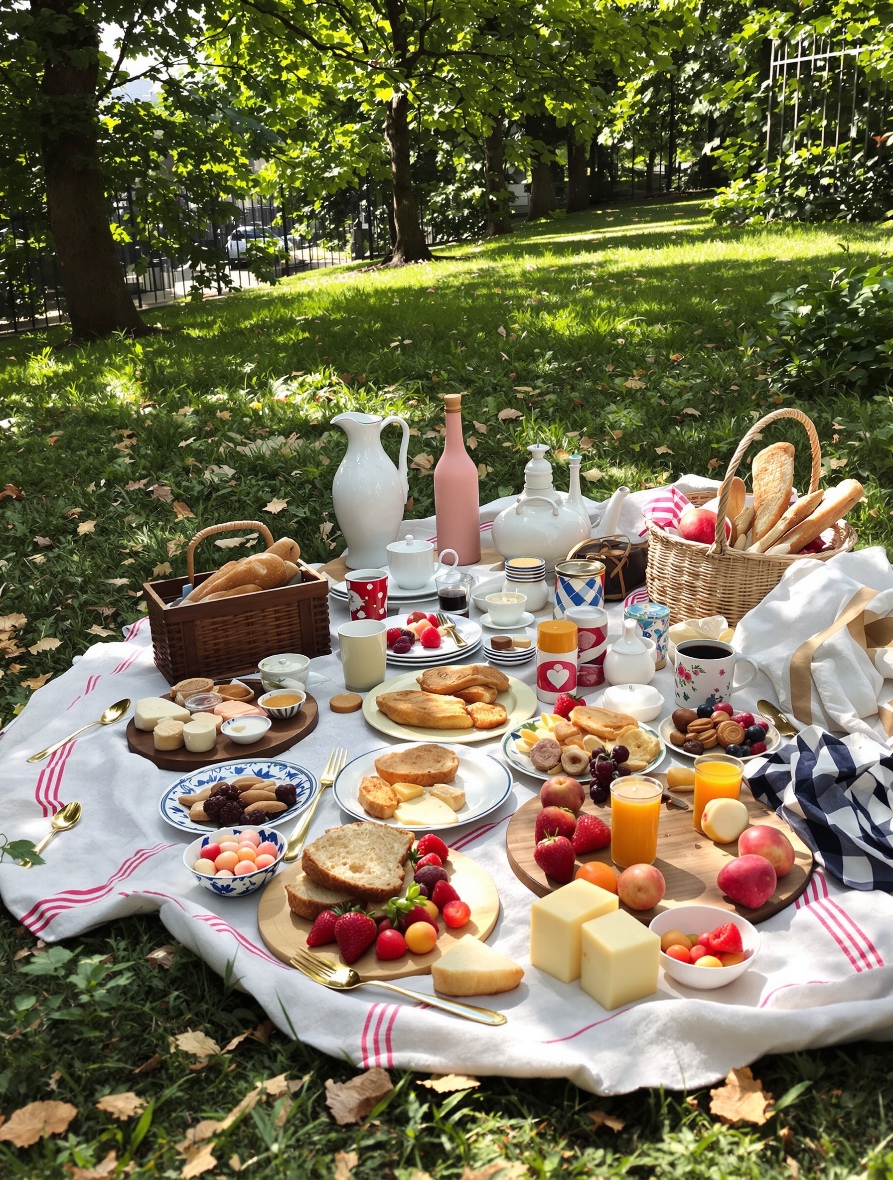 Un pique-nique 'brol' et charmant dans un coin de verdure parisien, avec des objets dépareillés mais authentiques, reflétant l'esprit de Samir.