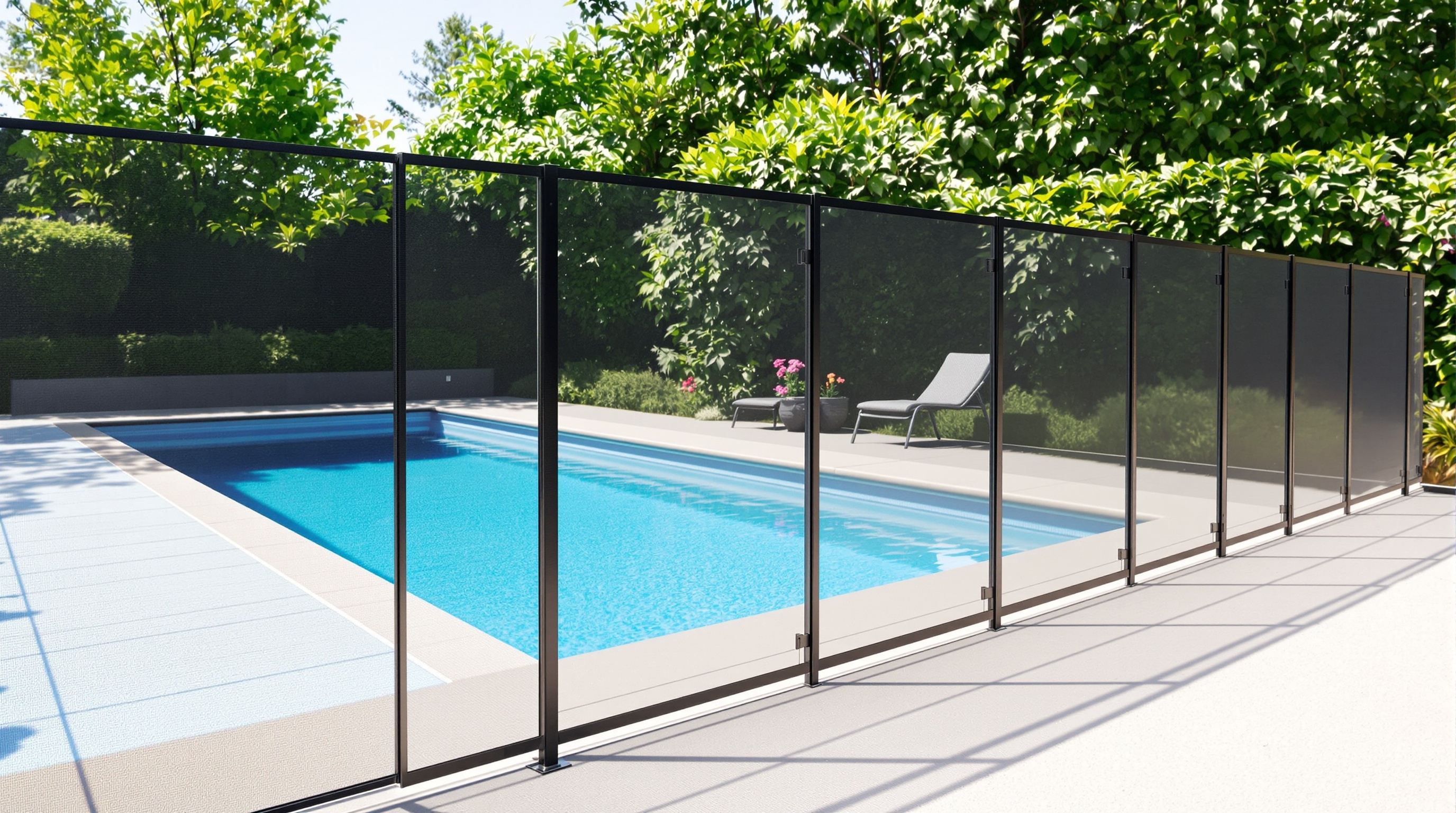 Barrière piscine filet souple noire posée autour d'un bassin bleu turquoise. Transparence maximale et intégration paisible dans un jardin moderne.