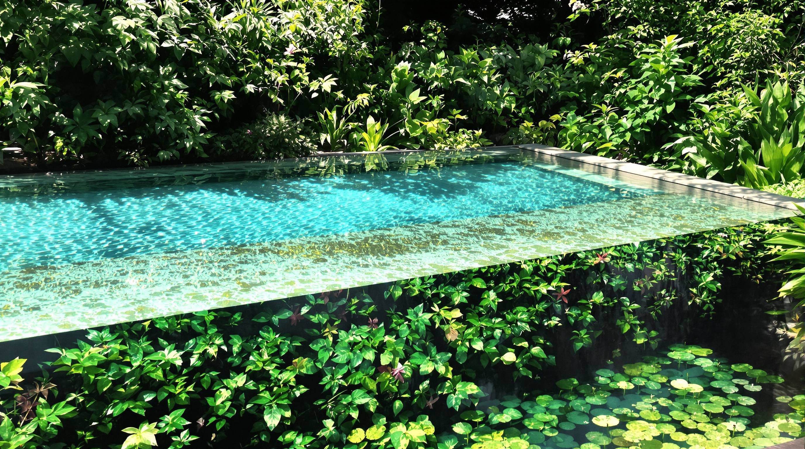 Piscine naturelle dans un jardin avec séparation claire des zones de baignade et de régénération