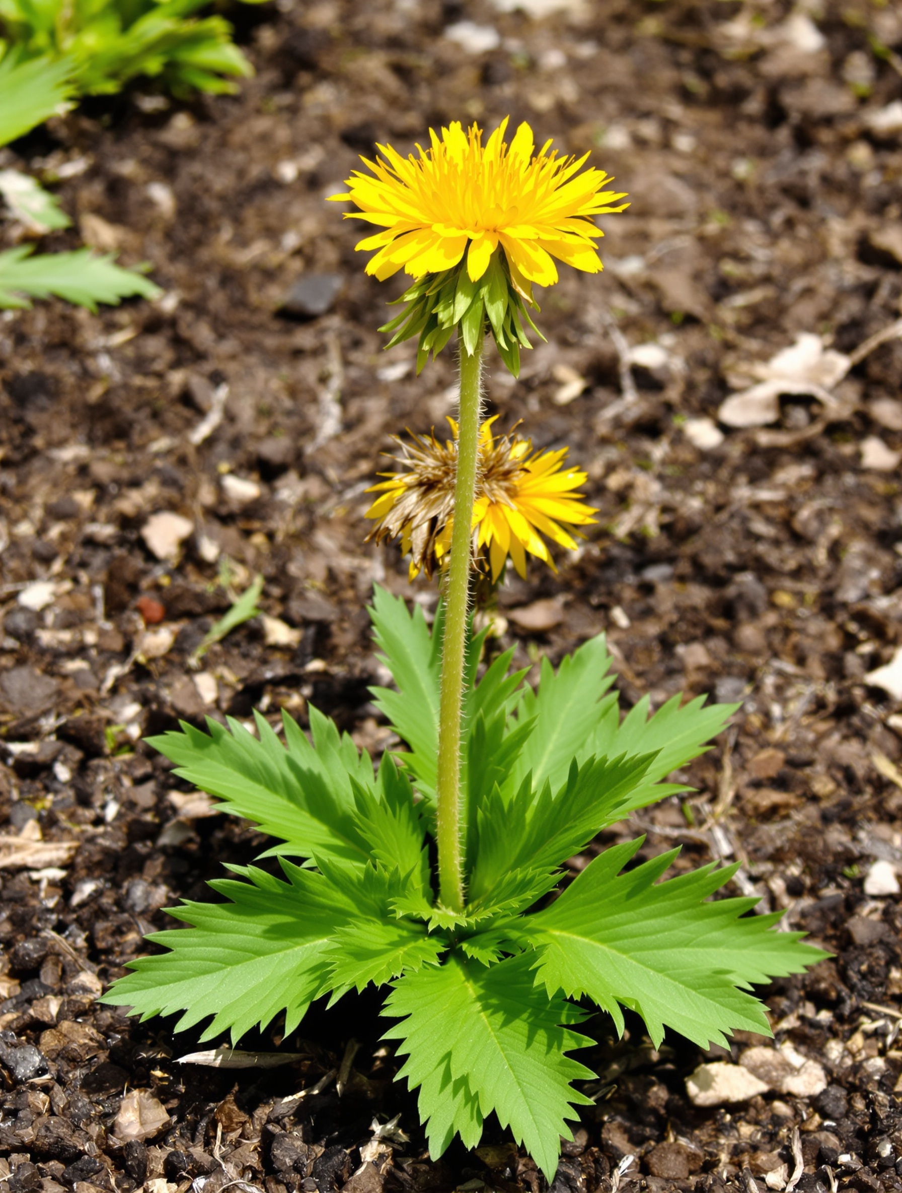 Pissenlit en pleine floraison : rosette de feuilles profondément dentées, tige creuse unique et fleur jaune vif parfaitement visible.