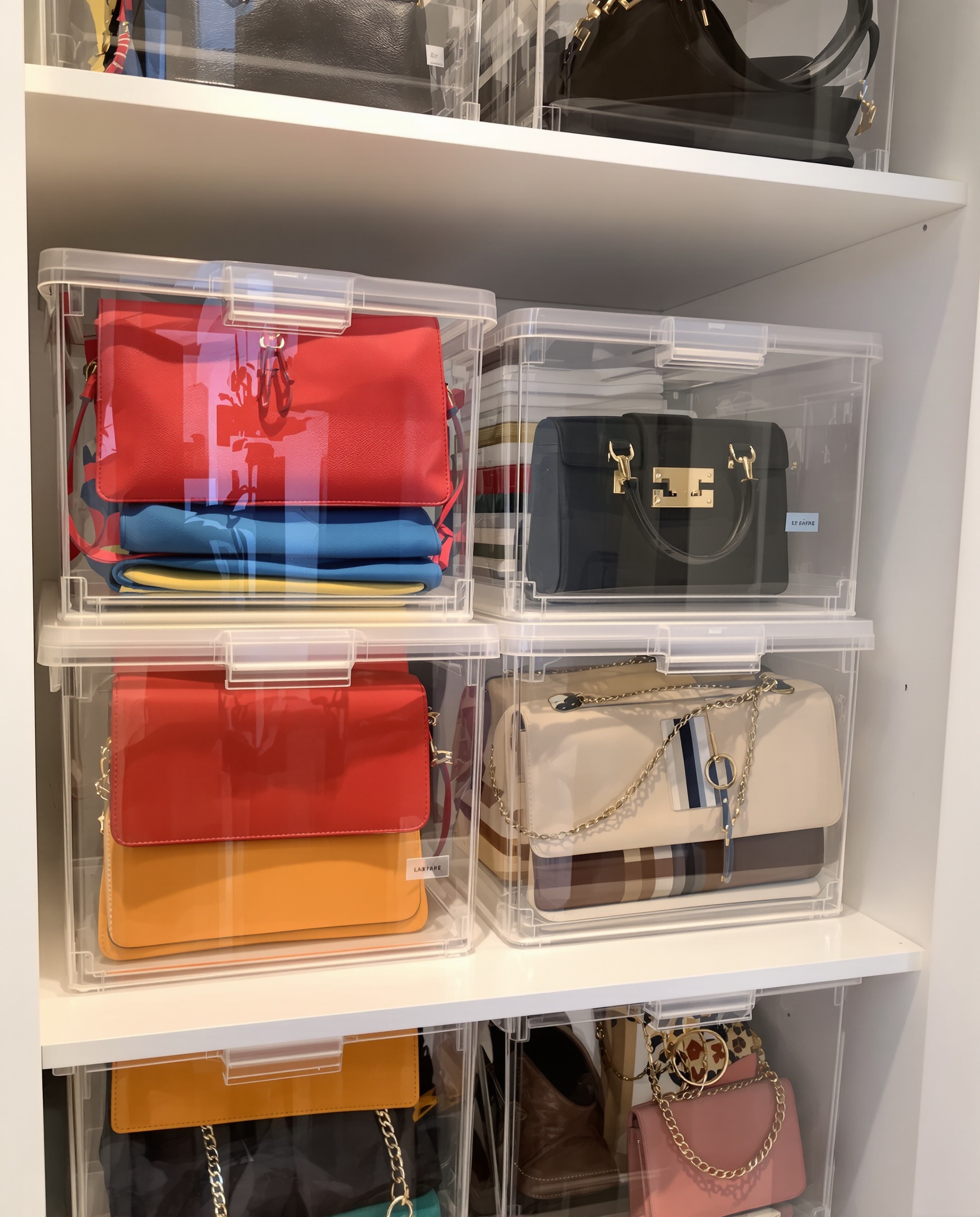 Boîtes transparentes empilées contenant des sacs à main dans un placard ouvert.