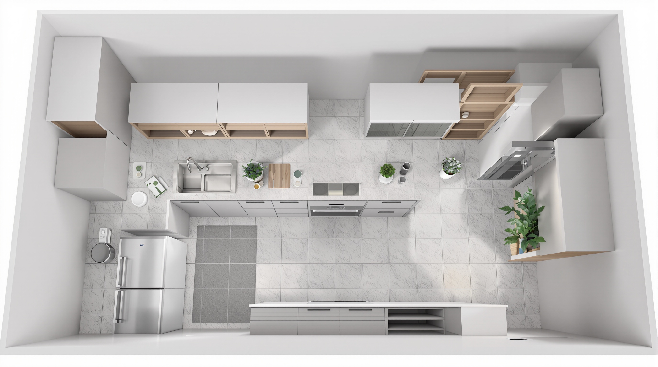 Plan 3D cuisine moderne avec triangle d'activité vu de dessus