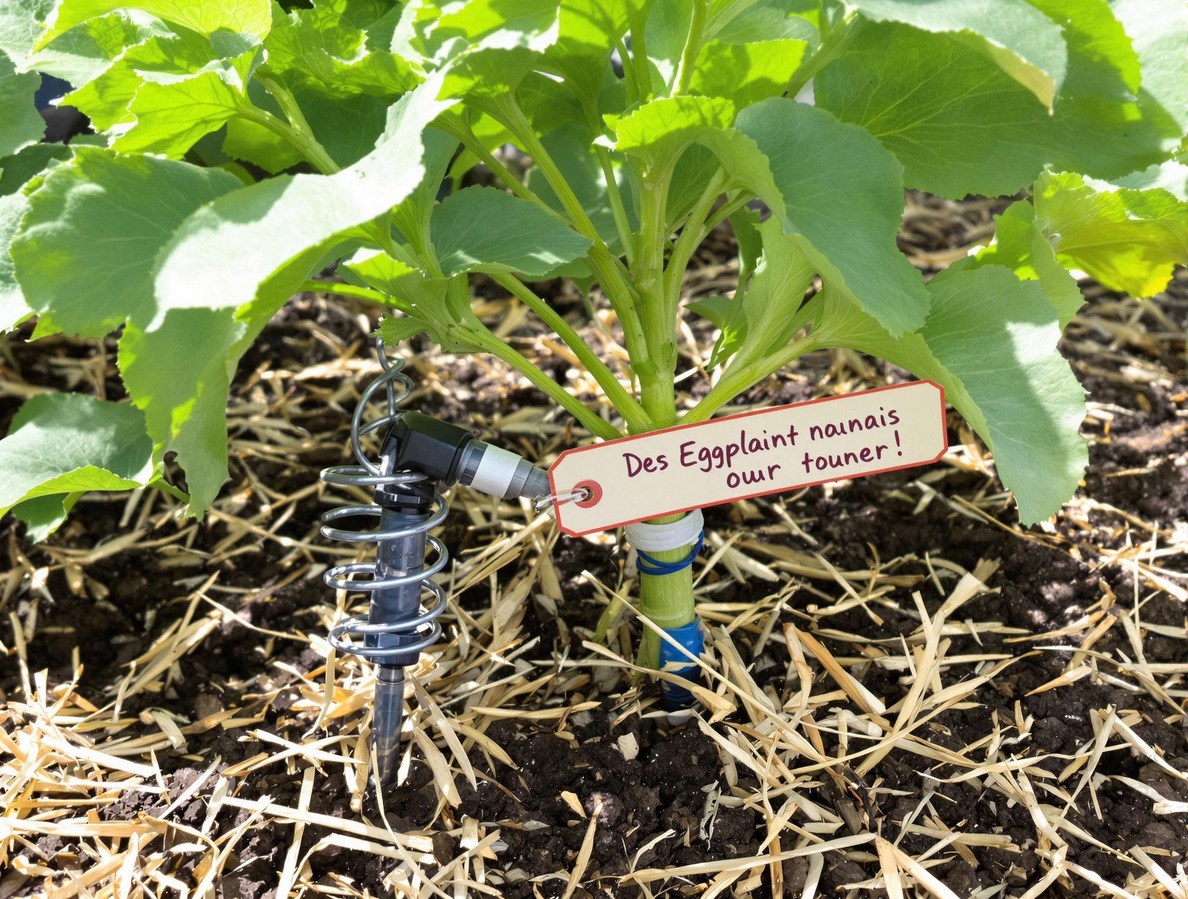 Plan d'arrosage goutte à goutte sur pied d'aubergine paillé, avec tuteur spirale et étiquette