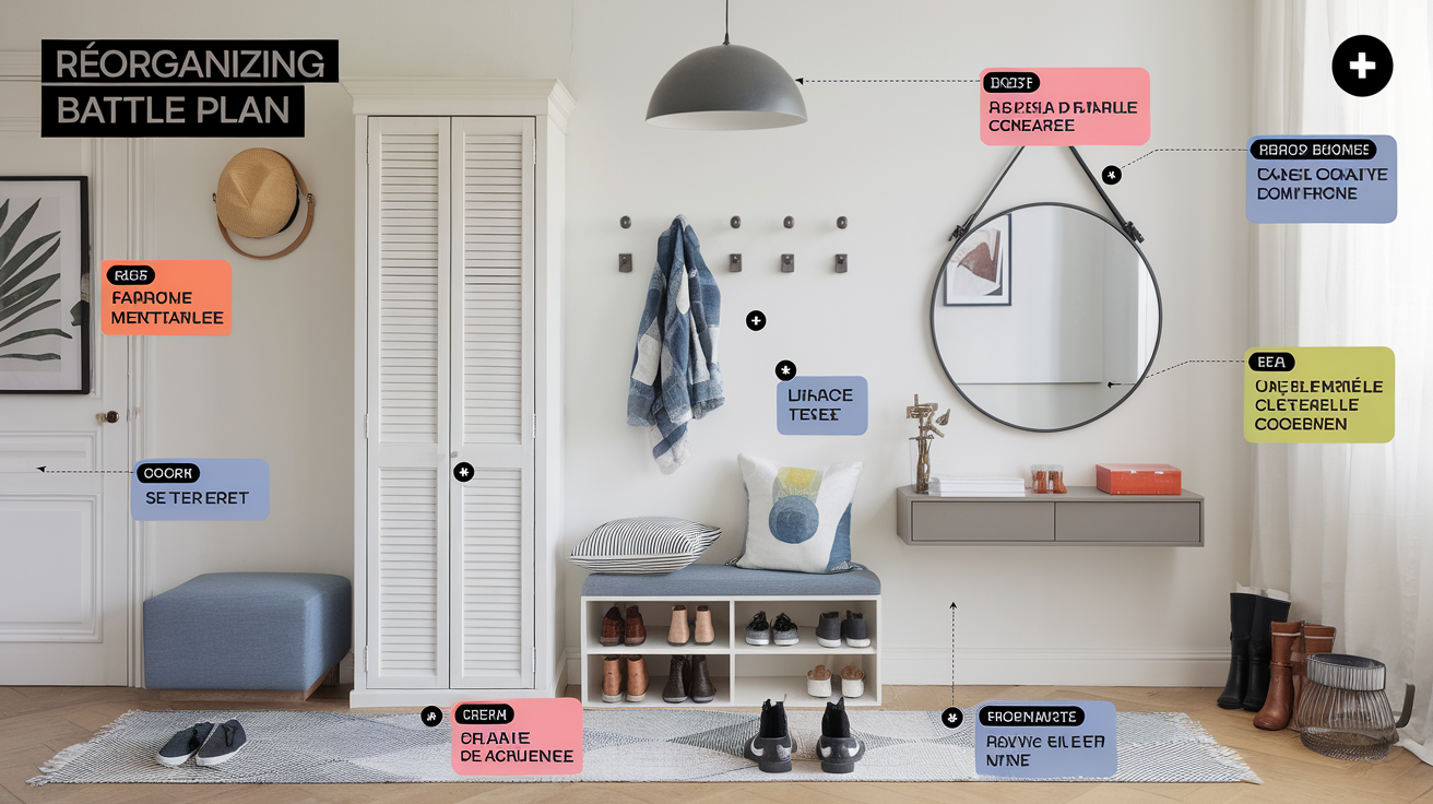 Plan de bataille d'entrée fonctionnelle : assise compacte, meuble à chaussures fermé, vide-poche console petite taille, grand miroir mural et suspension lumineuse design.