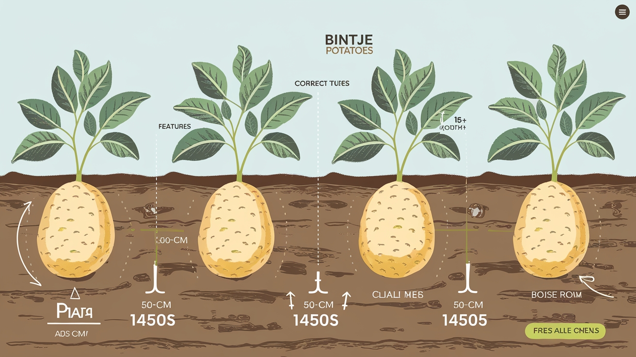 Illustration des étapes de plantation de la pomme de terre Bintje, montrant la profondeur, l'espacement entre les plants et les rangs, avec un plant germé prêt à être mis en terre