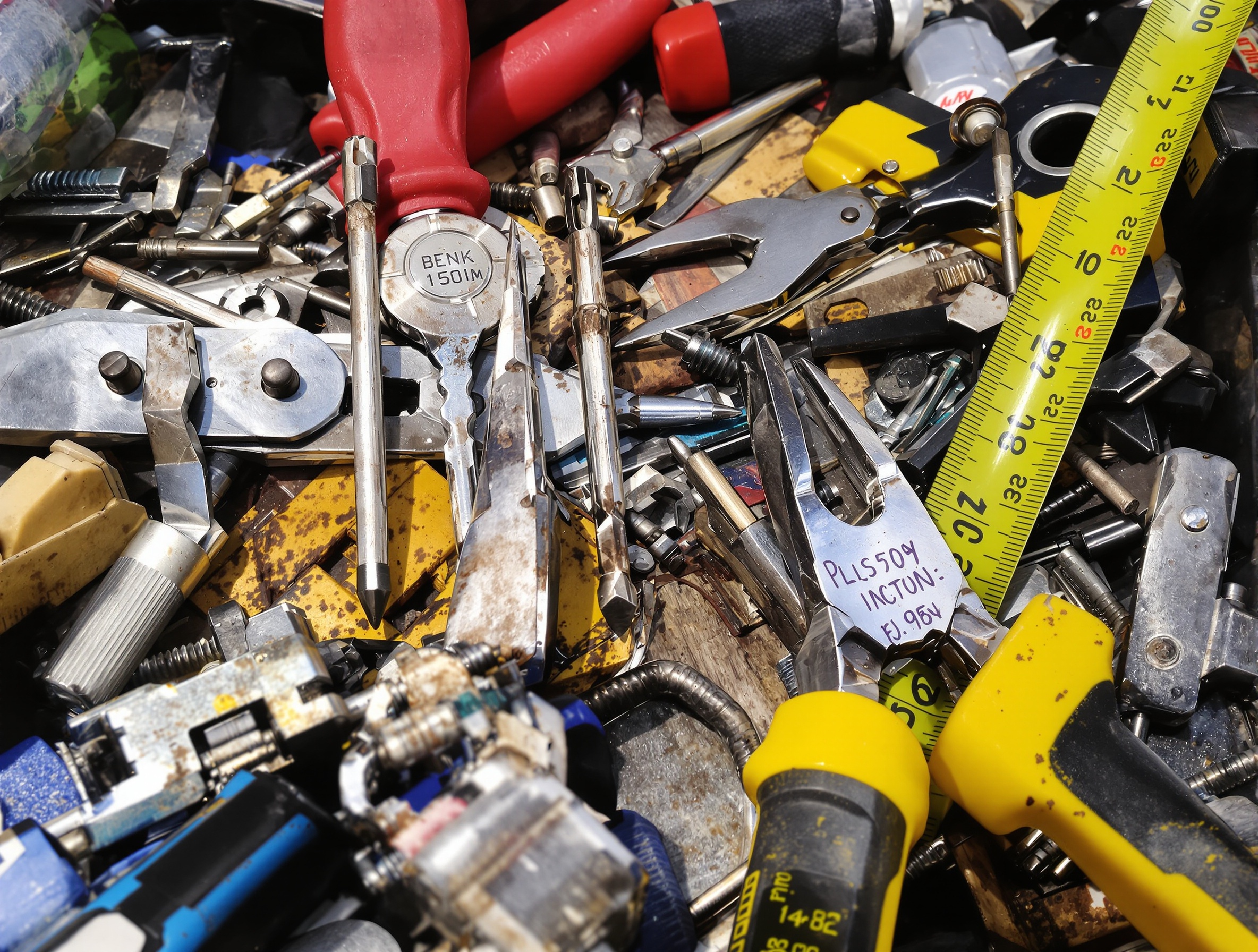 Boîte à outils contenant tournevis, pince multiprise, clé Allen, mètre ruban et chasse-goupille