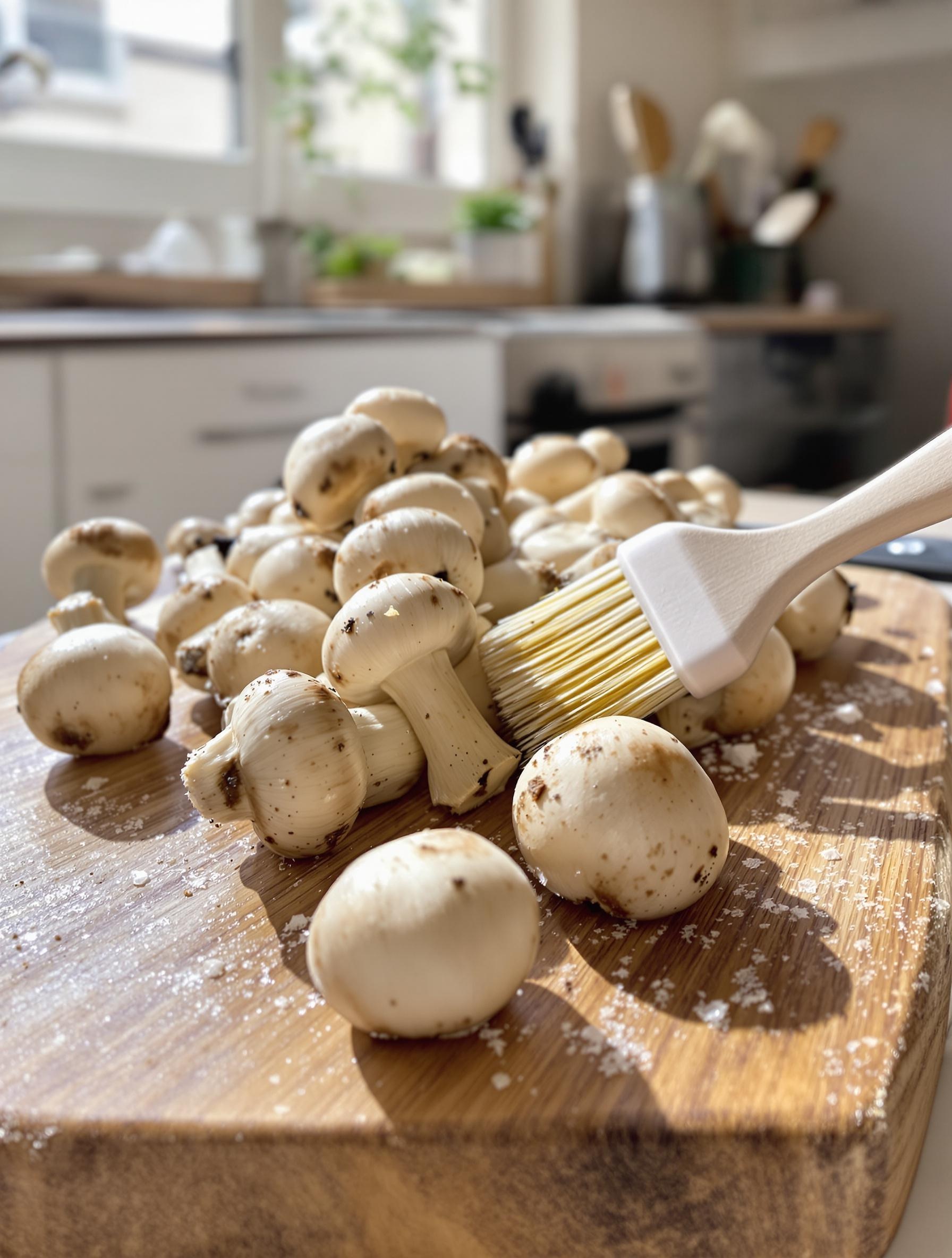 Plan serré sur des mousserons brossés au pinceau, posés sur planche en bois dans une cuisine lumineuse