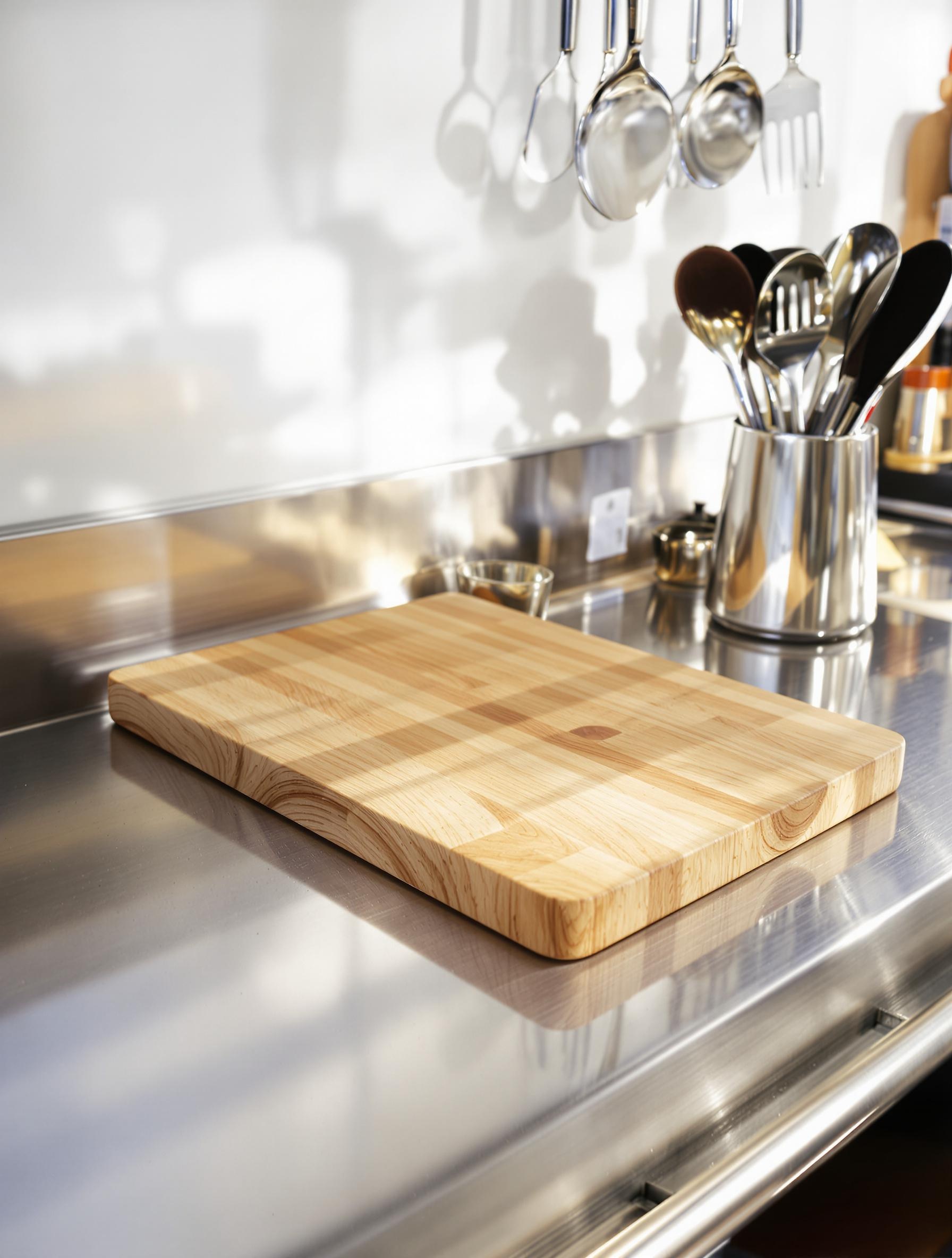 Planche à découper protégeant un plan de travail en inox avec des ustensiles rangés.