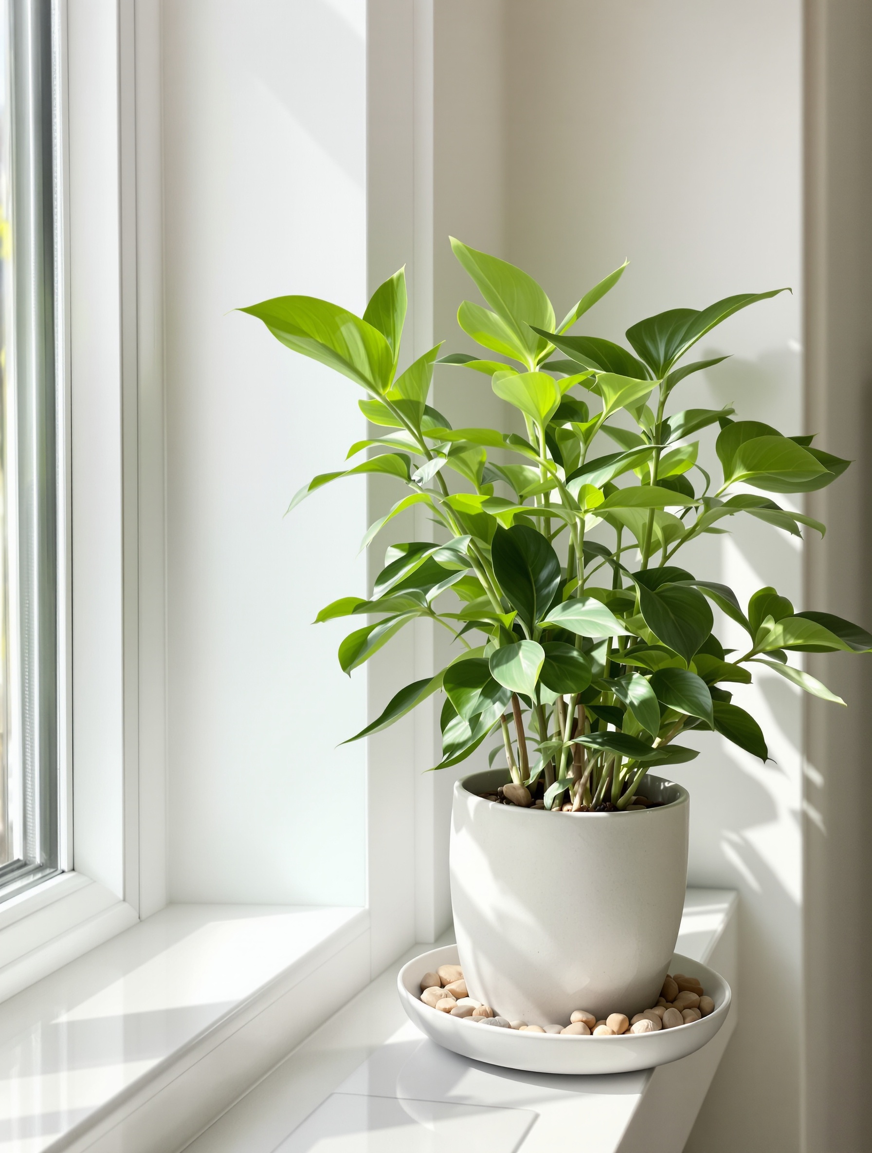 Plant de gingembre près d'une fenêtre lumineuse, soucoupe de billes d'argile dessous, décor urbain.
