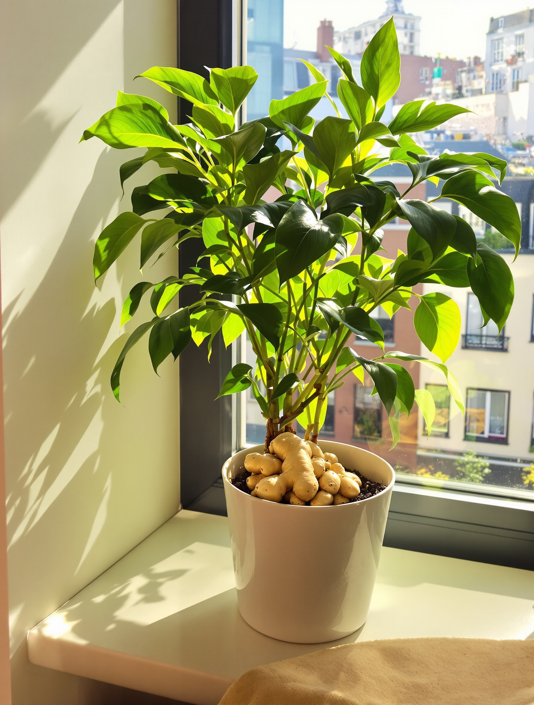 Plant de gingembre mature fièrement exposé sur un rebord de fenêtre lumineux, ambiance chaleureuse et urbaine